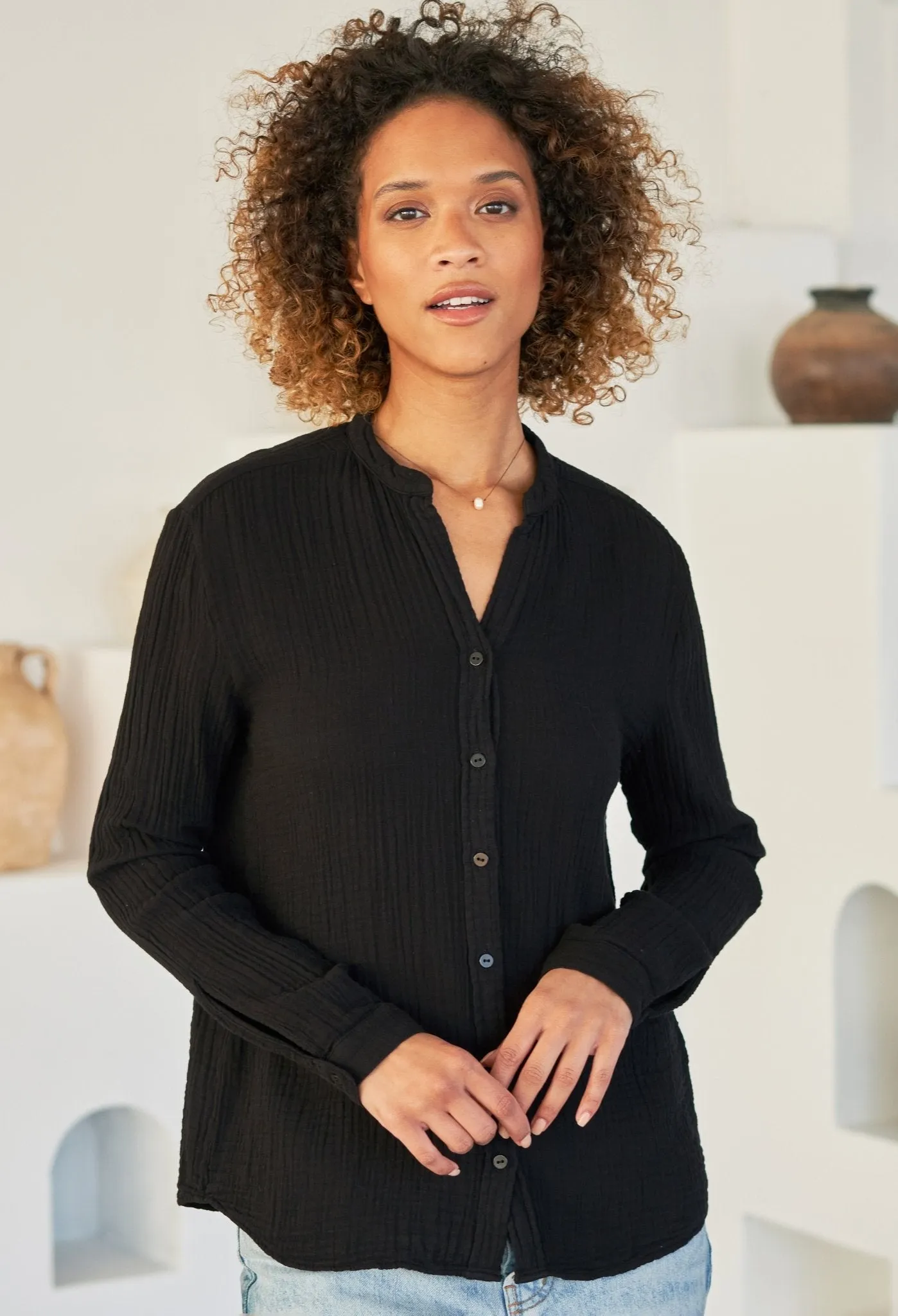 re:hOMe - The Perfect Button Front Cotton Top in Black