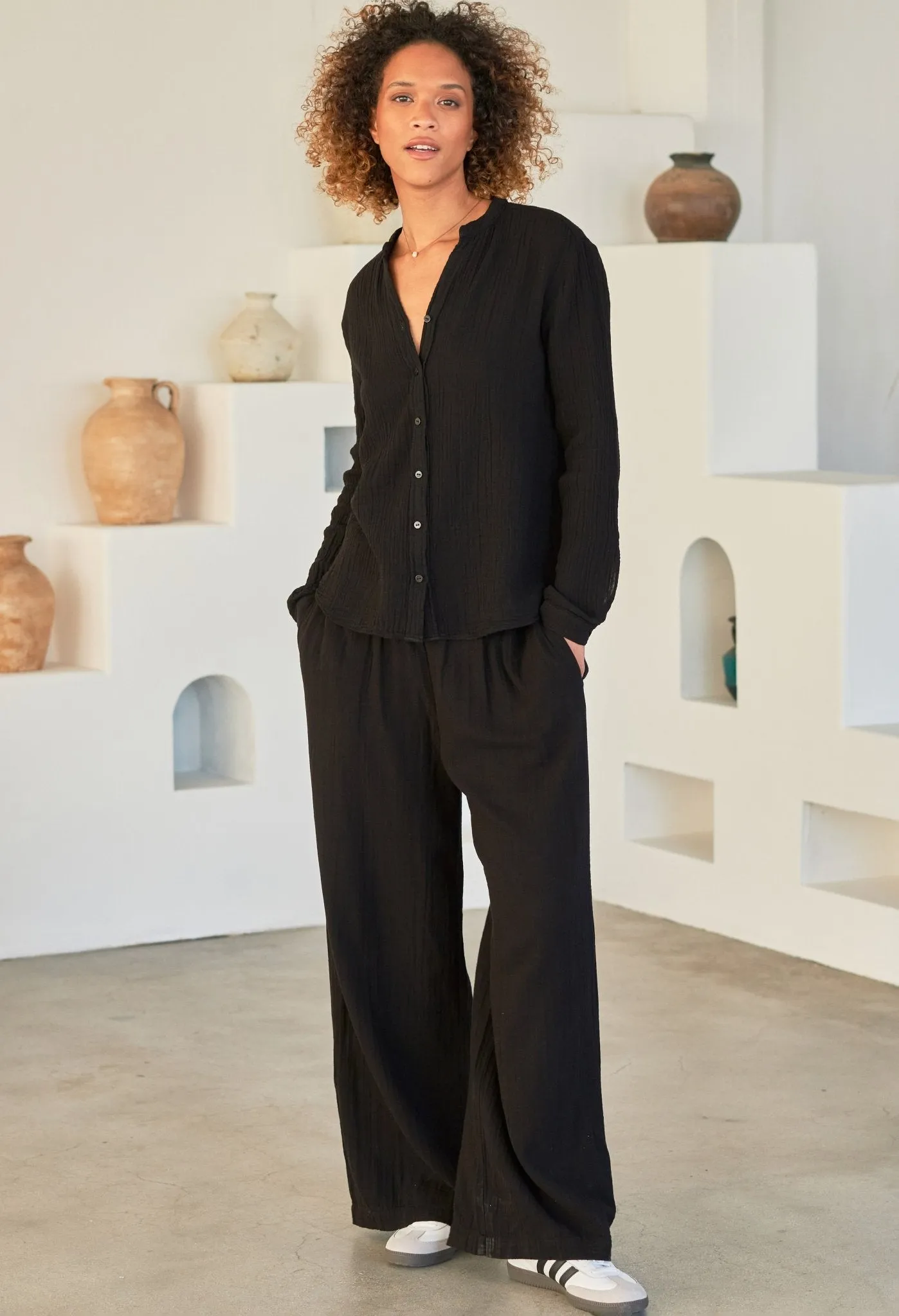 re:hOMe - The Perfect Button Front Cotton Top in Black