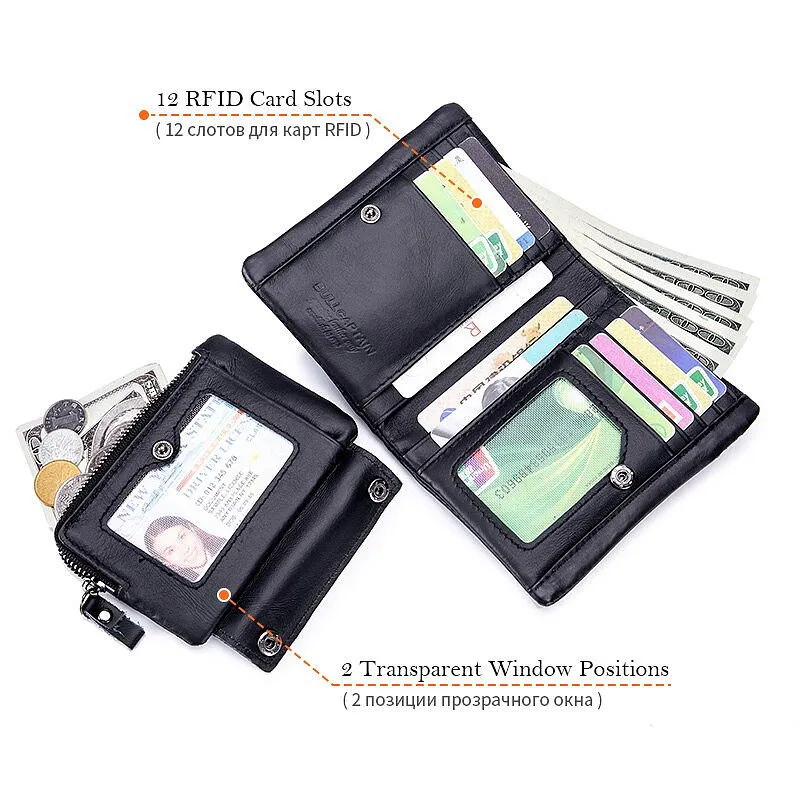 Retro Genuine Leather Zipper Hasp RFID Wallet