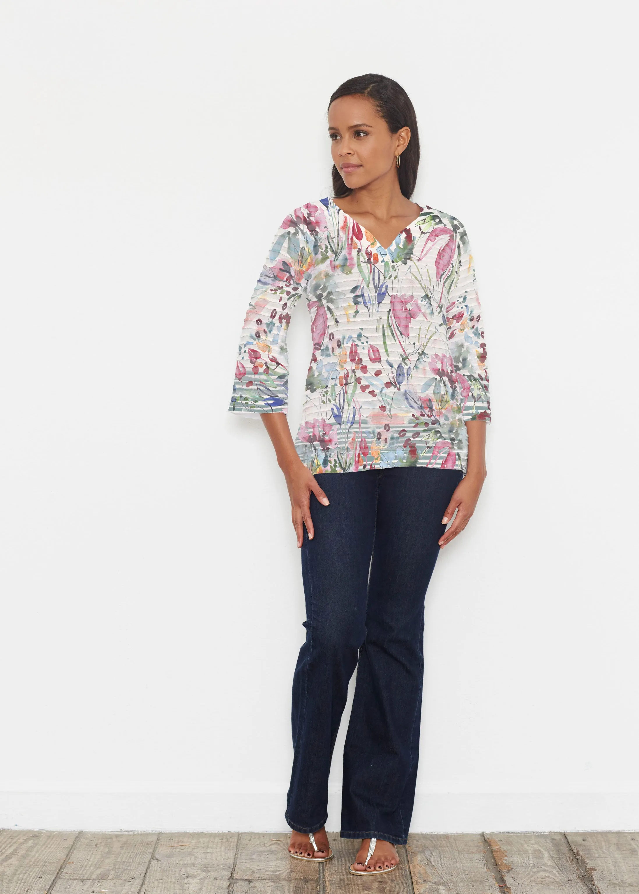 Rhapsody (16191) ~ Banded 3/4 Bell-Sleeve V-Neck Tunic