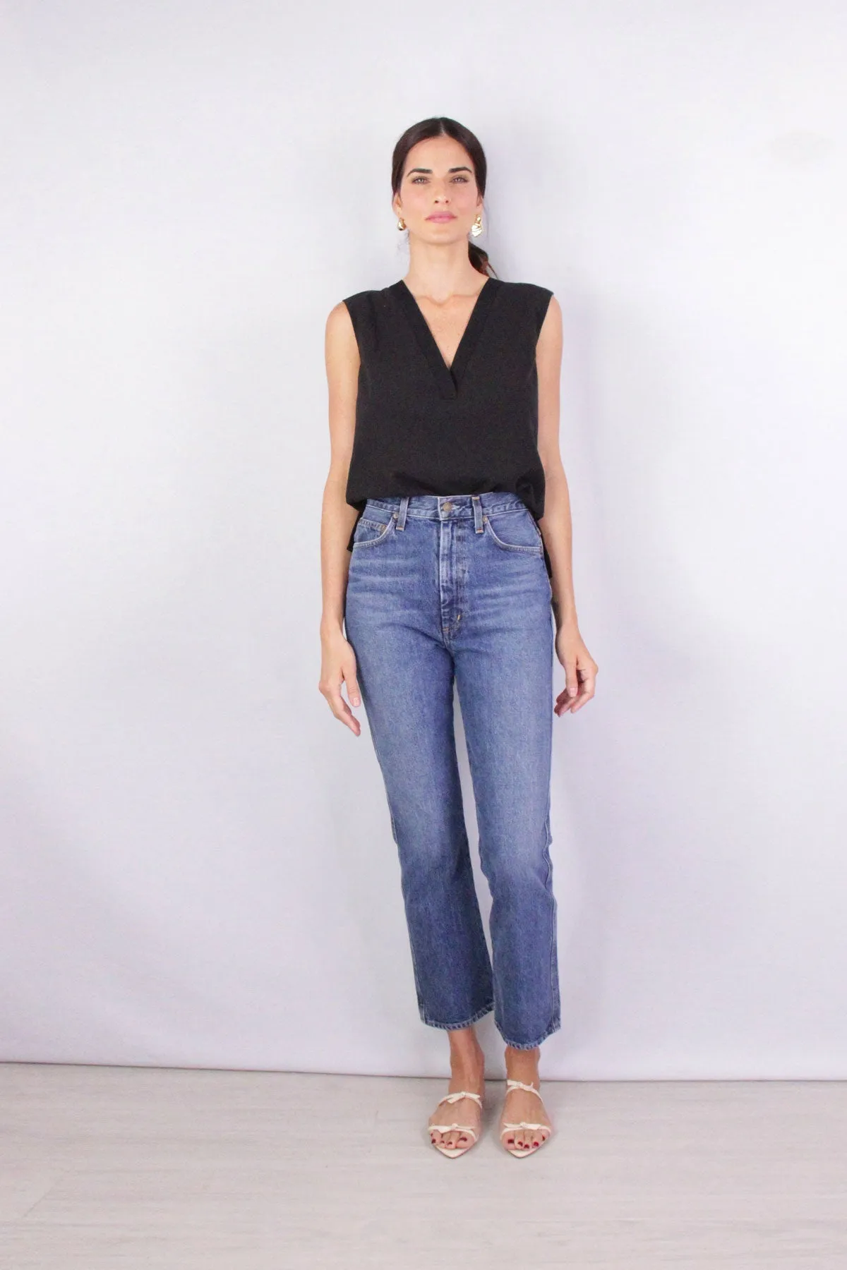 Rib Trim Double V Neck Shell in Black