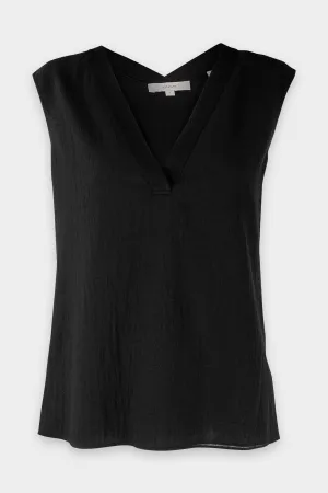 Rib Trim Double V Neck Shell in Black