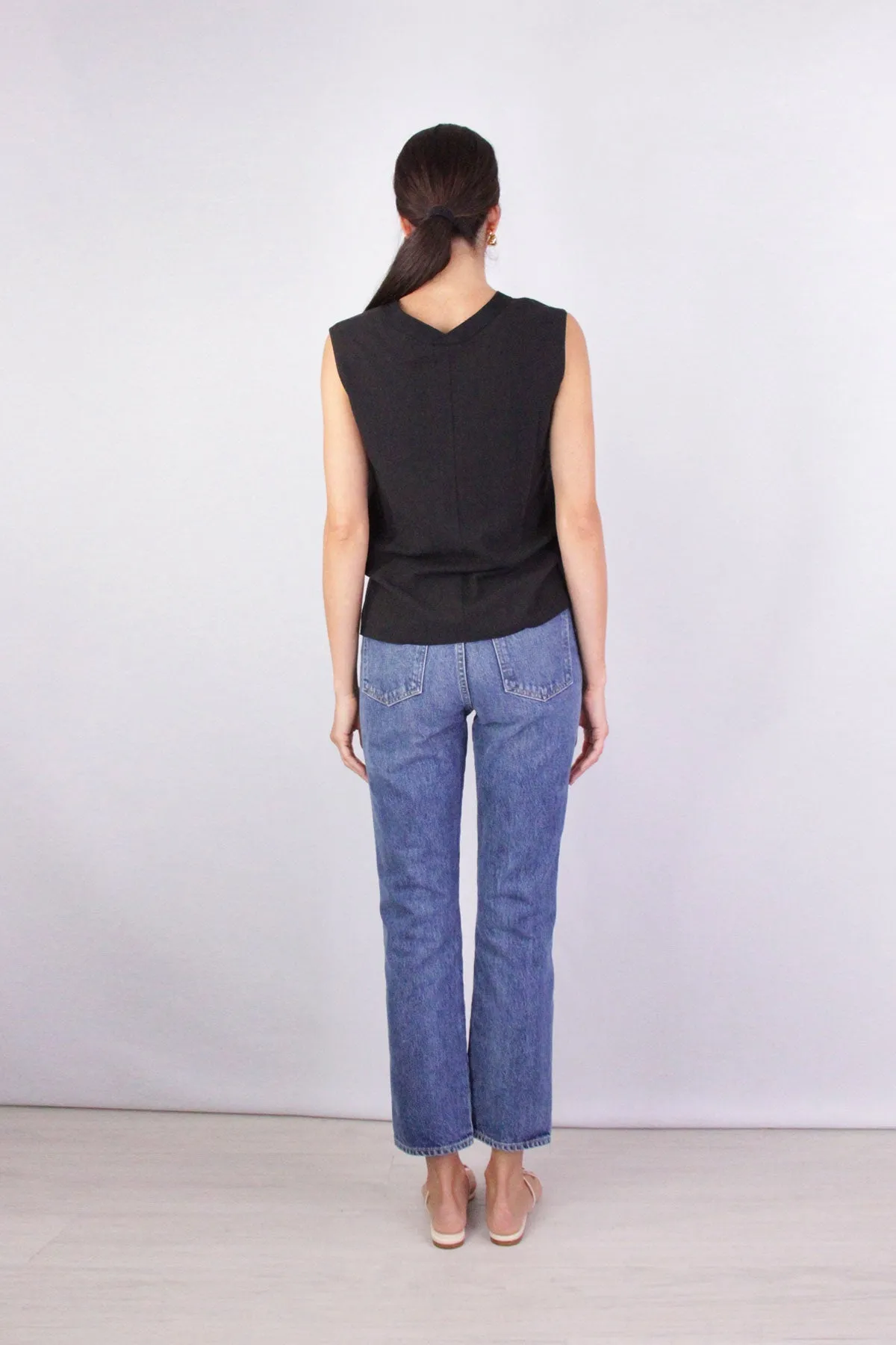 Rib Trim Double V Neck Shell in Black