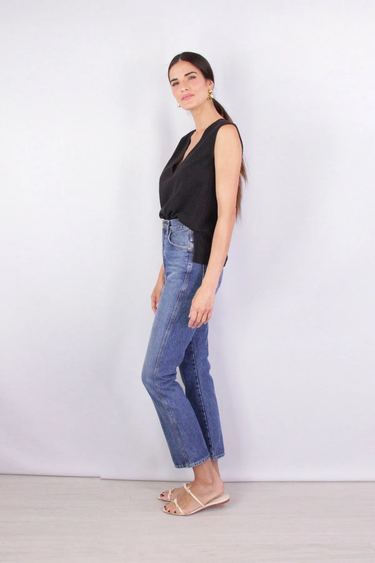 Rib Trim Double V Neck Shell in Black