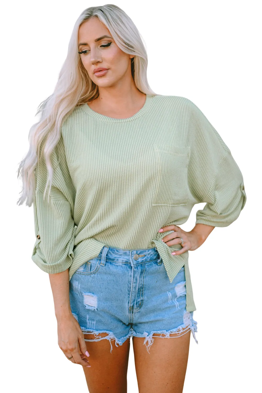 Ribbed Roll-tab Sleeve Oversize Top
