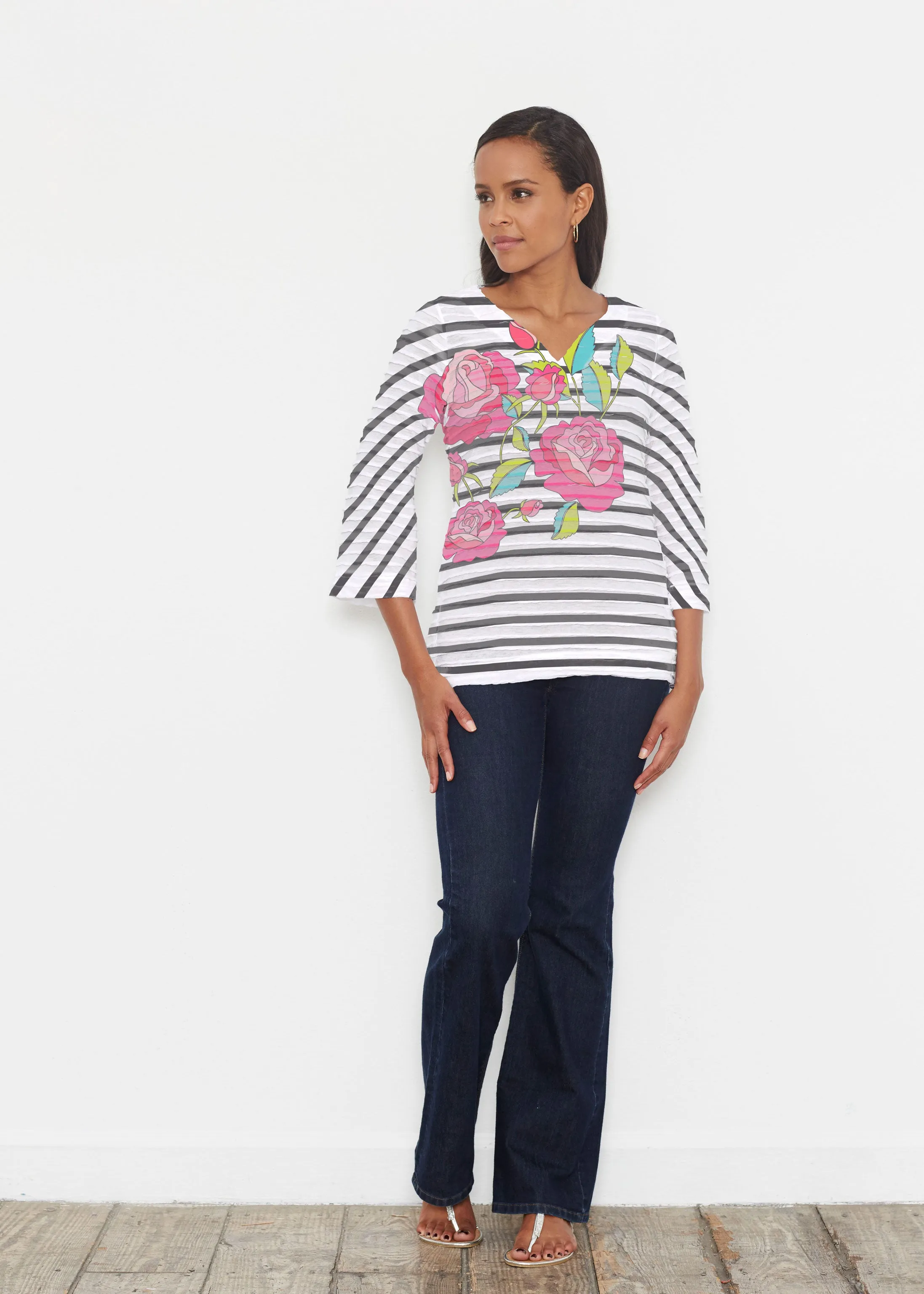 Rosie Stripe (14226) ~ Banded 3/4 Bell-Sleeve V-Neck Tunic
