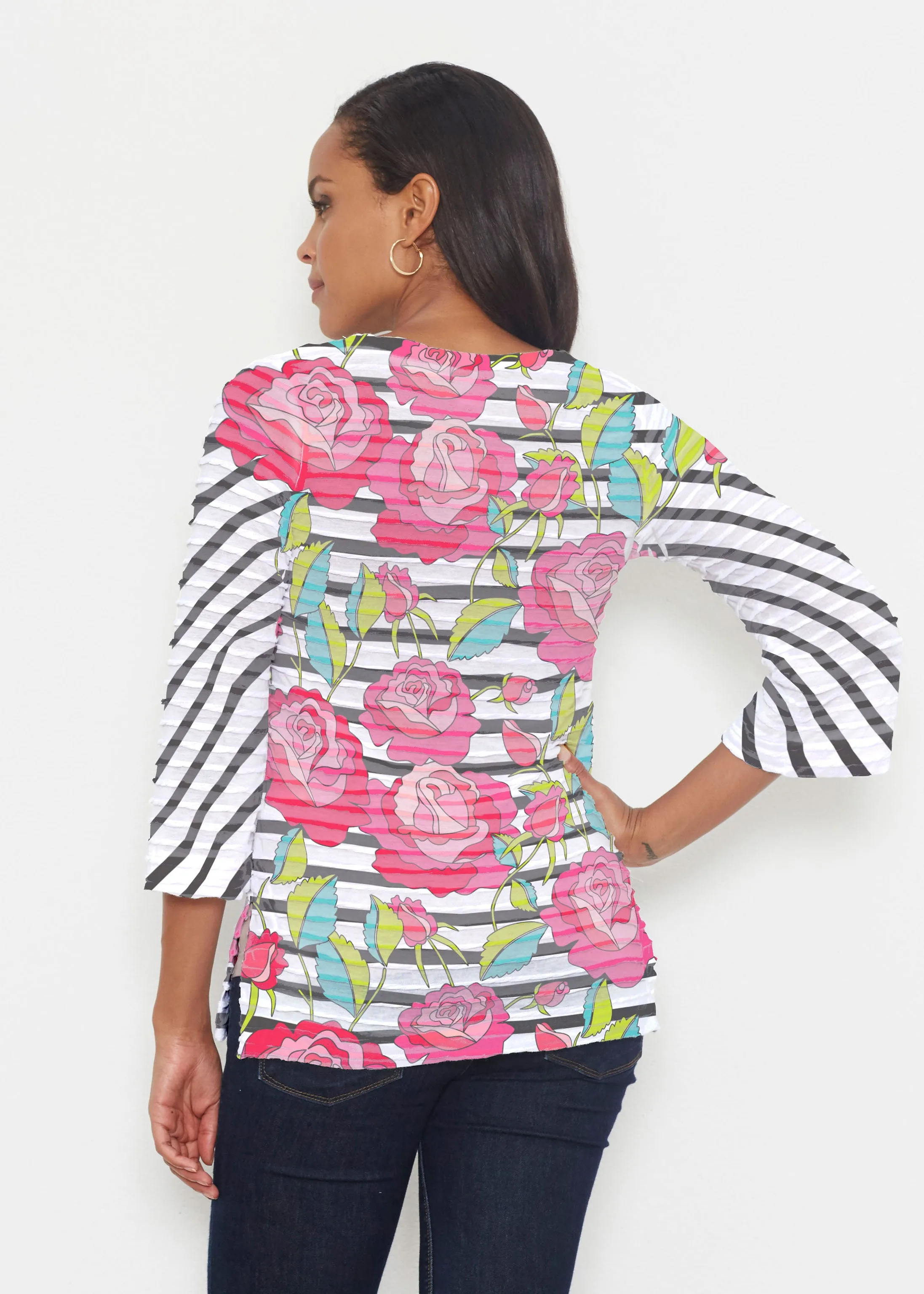 Rosie Stripe (14226) ~ Banded 3/4 Bell-Sleeve V-Neck Tunic
