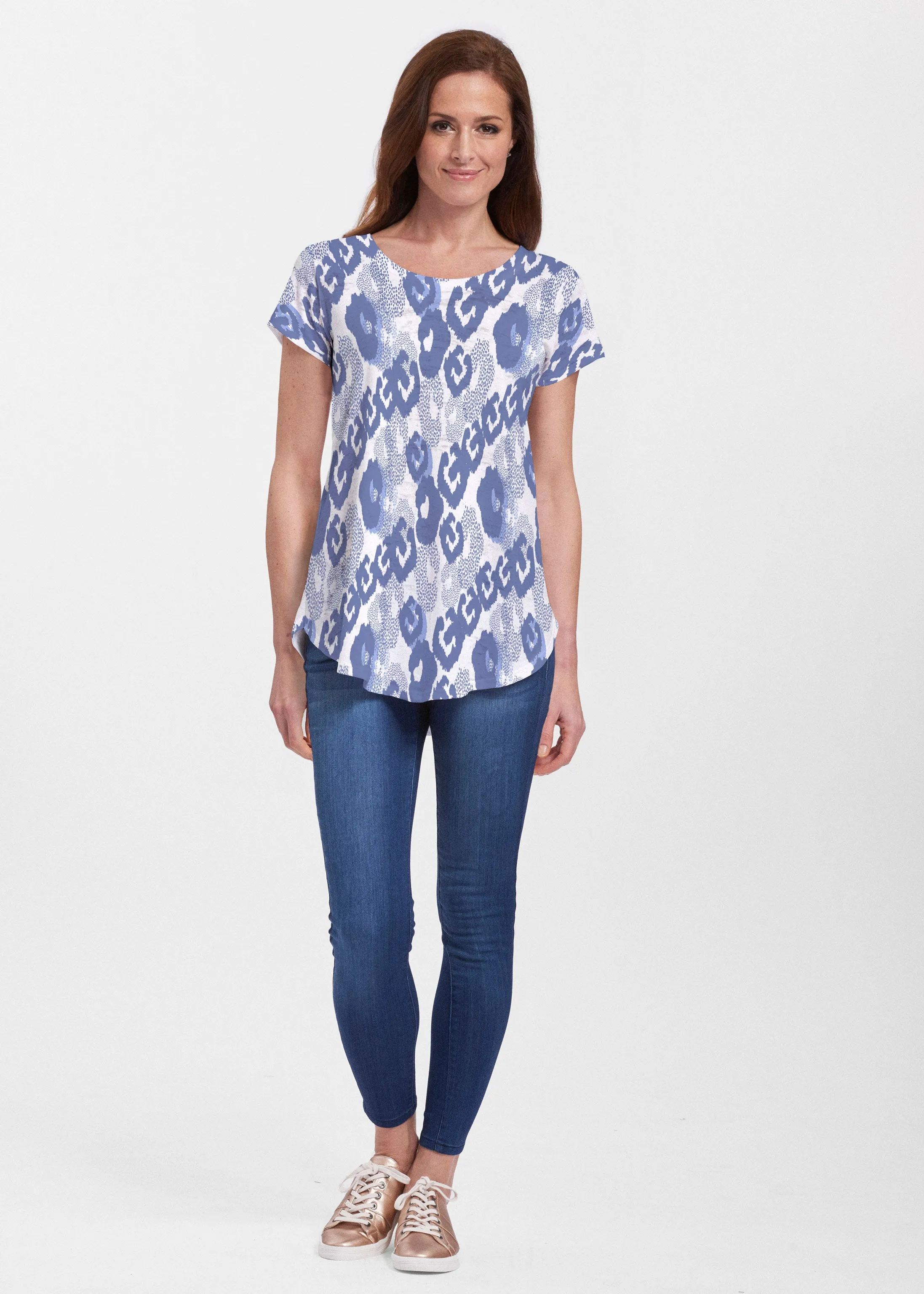 Royal Blue Ikat (7808) ~ Signature Short Sleeve Scoop Neck Flowy Tunic
