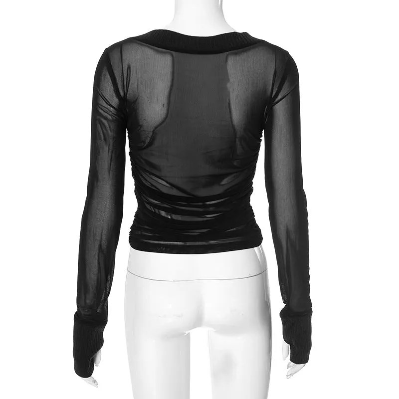 Ruched Sheer V Neck Long Sleeve Tops