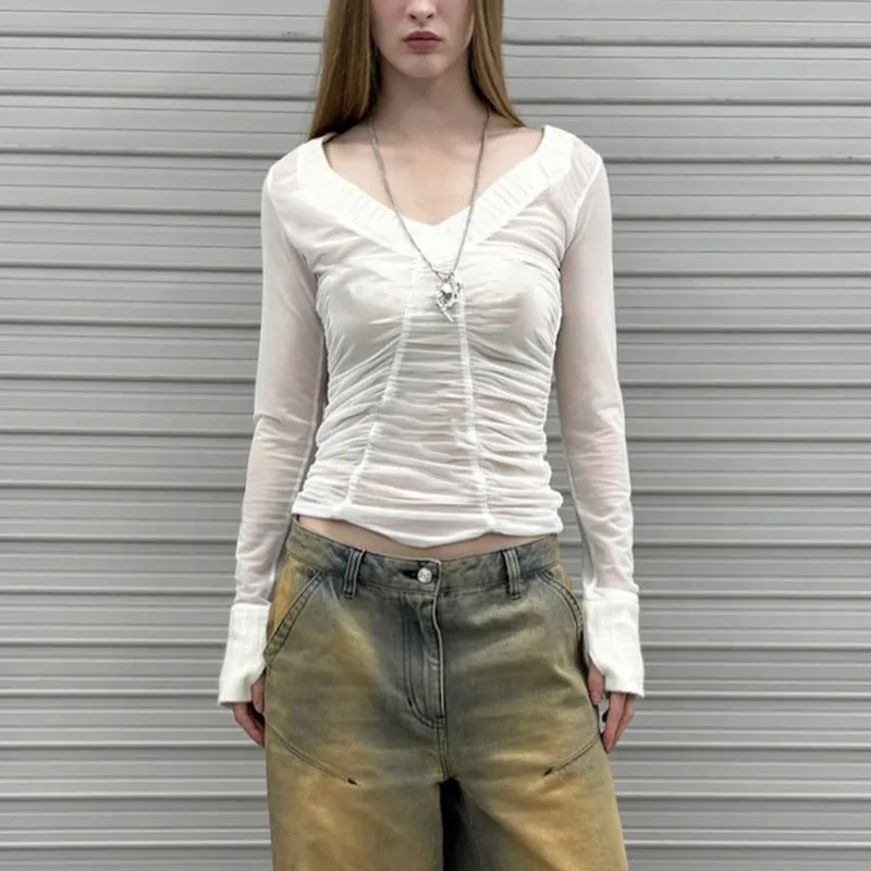 Ruched Sheer V Neck Long Sleeve Tops