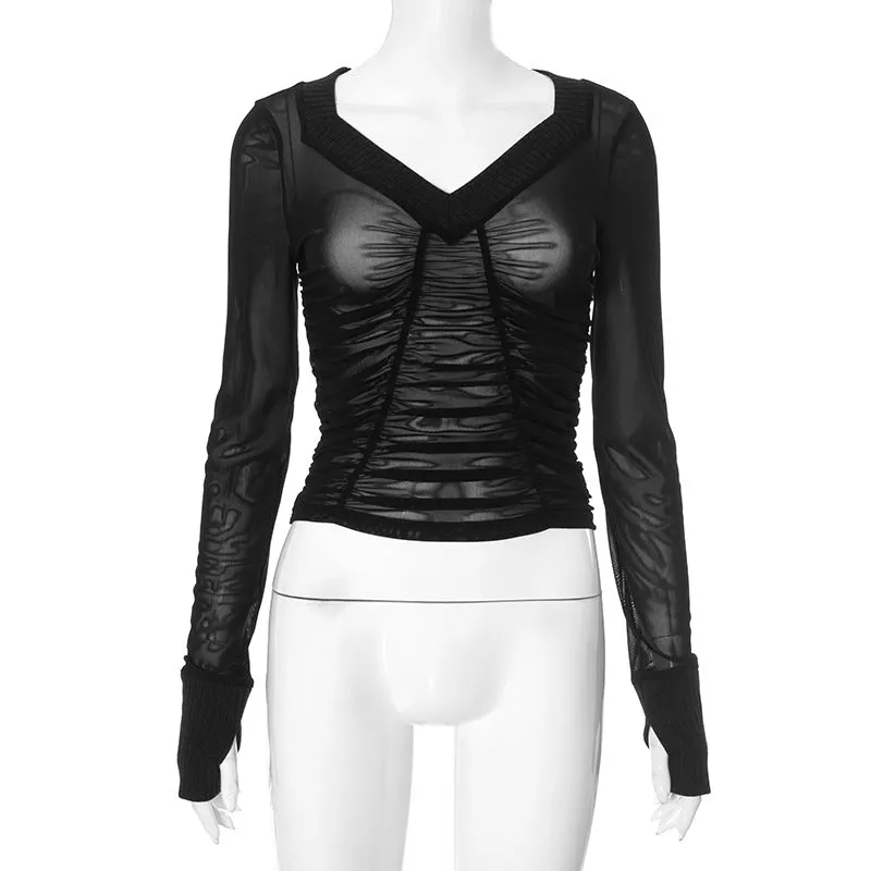 Ruched Sheer V Neck Long Sleeve Tops