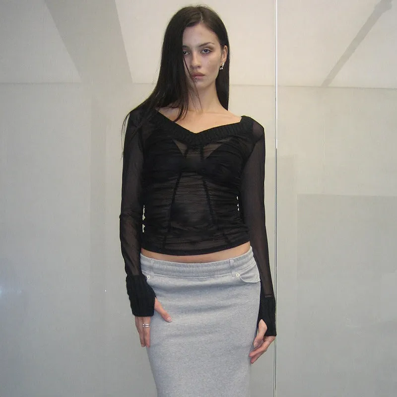 Ruched Sheer V Neck Long Sleeve Tops