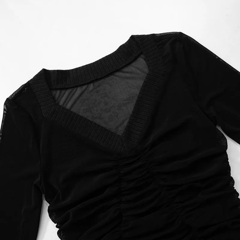 Ruched Sheer V Neck Long Sleeve Tops