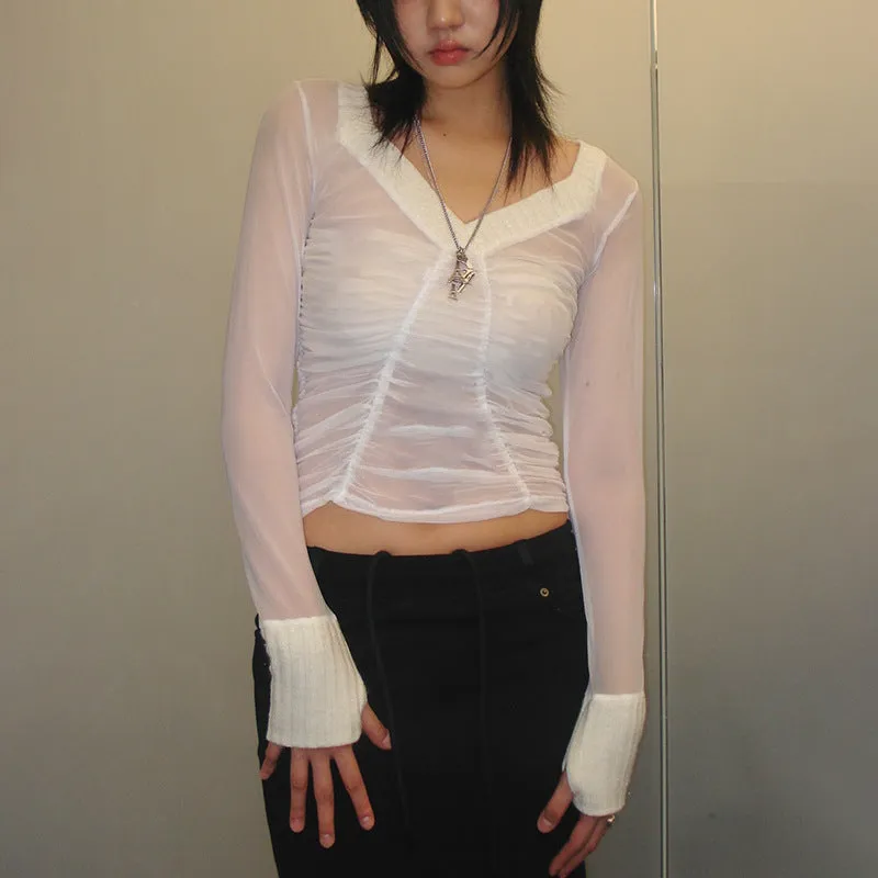 Ruched Sheer V Neck Long Sleeve Tops