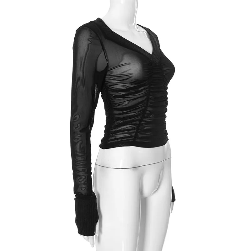 Ruched Sheer V Neck Long Sleeve Tops
