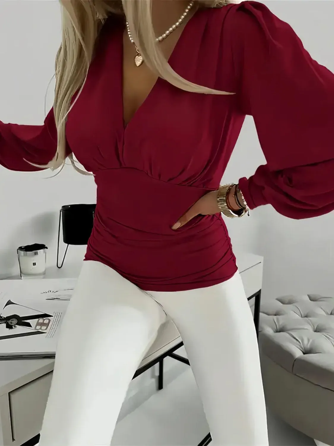 Ruched V-Neck Long Sleeve Top