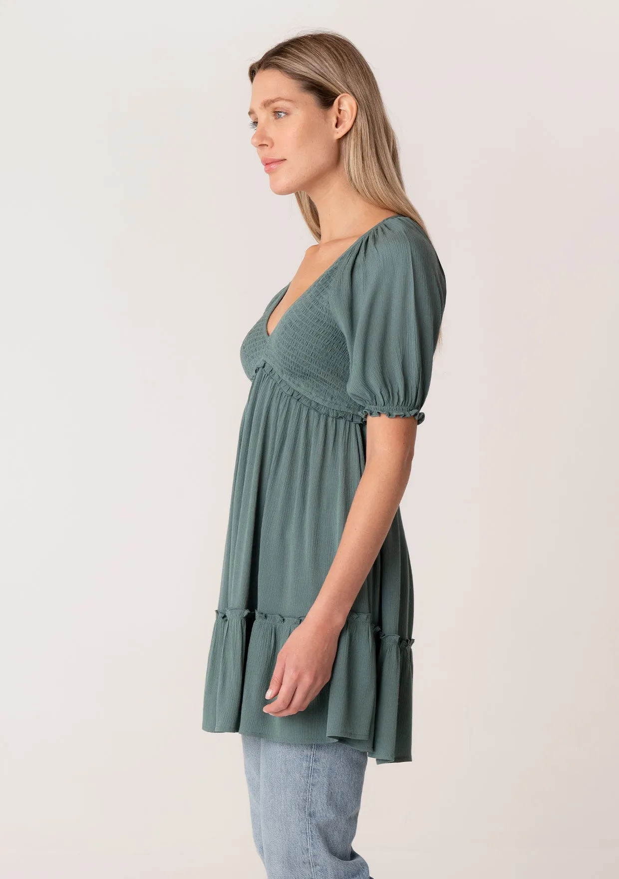 Ruffled Smocked Puff Sleeve V Neck Tunic