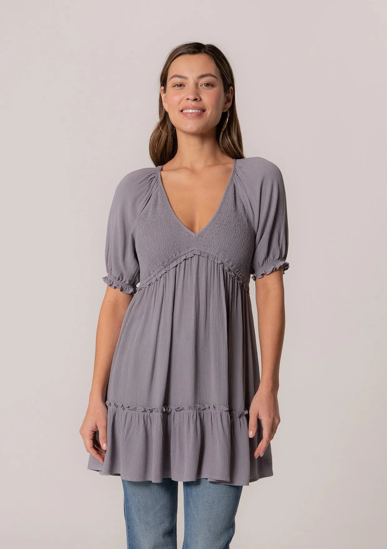 Ruffled Smocked Puff Sleeve V Neck Tunic