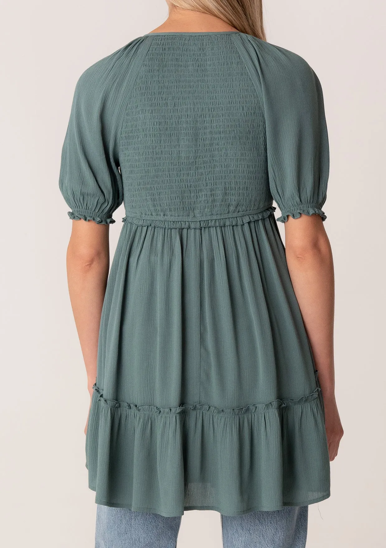 Ruffled Smocked Puff Sleeve V Neck Tunic