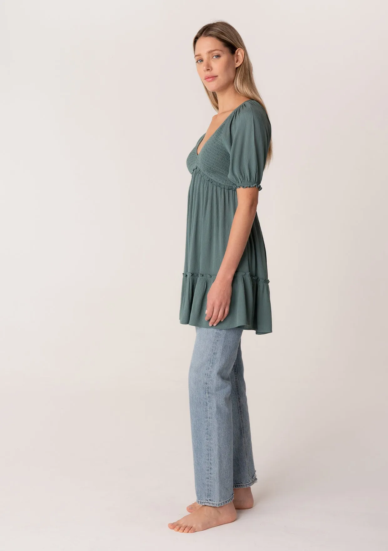 Ruffled Smocked Puff Sleeve V Neck Tunic