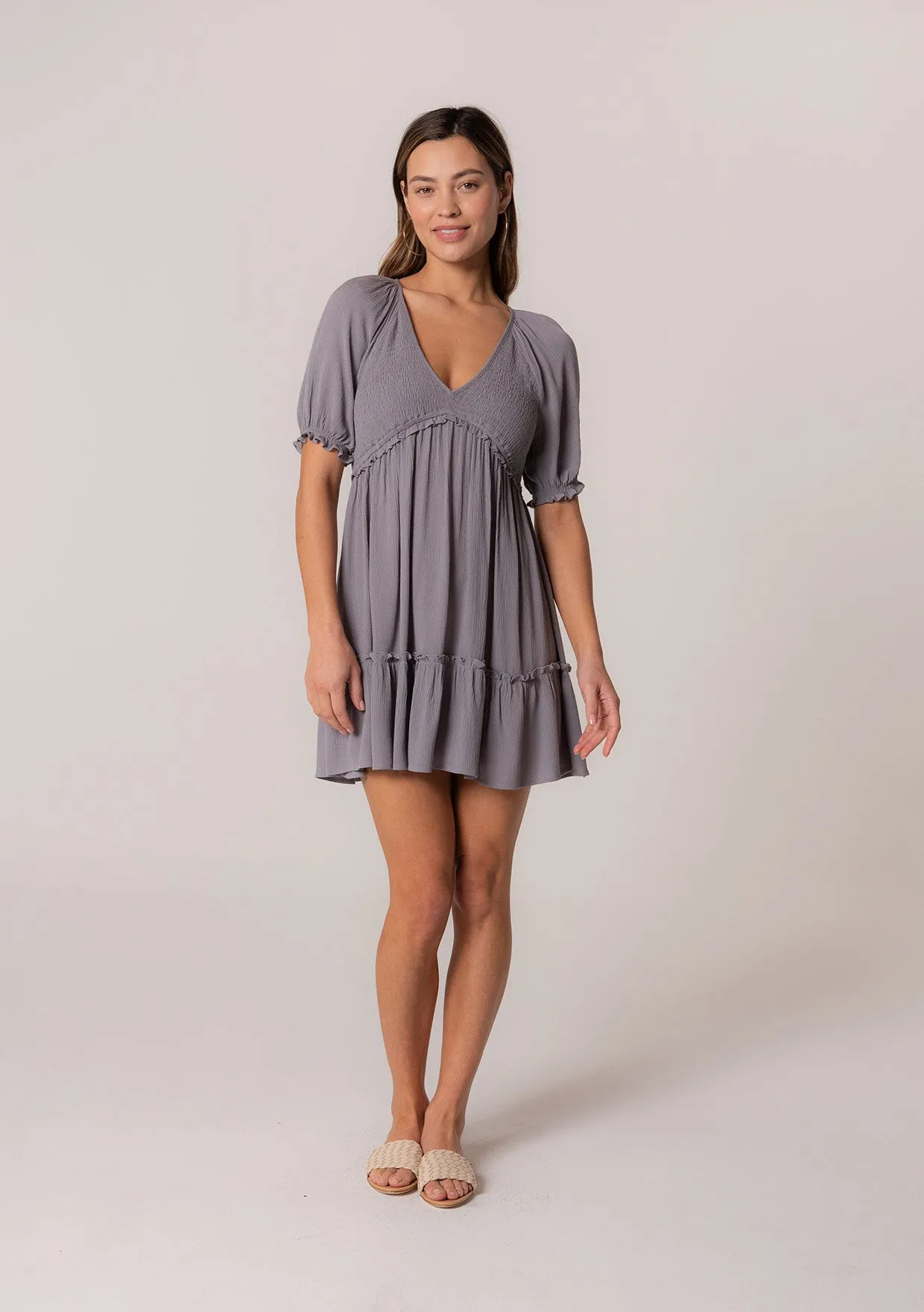Ruffled Smocked Puff Sleeve V Neck Tunic