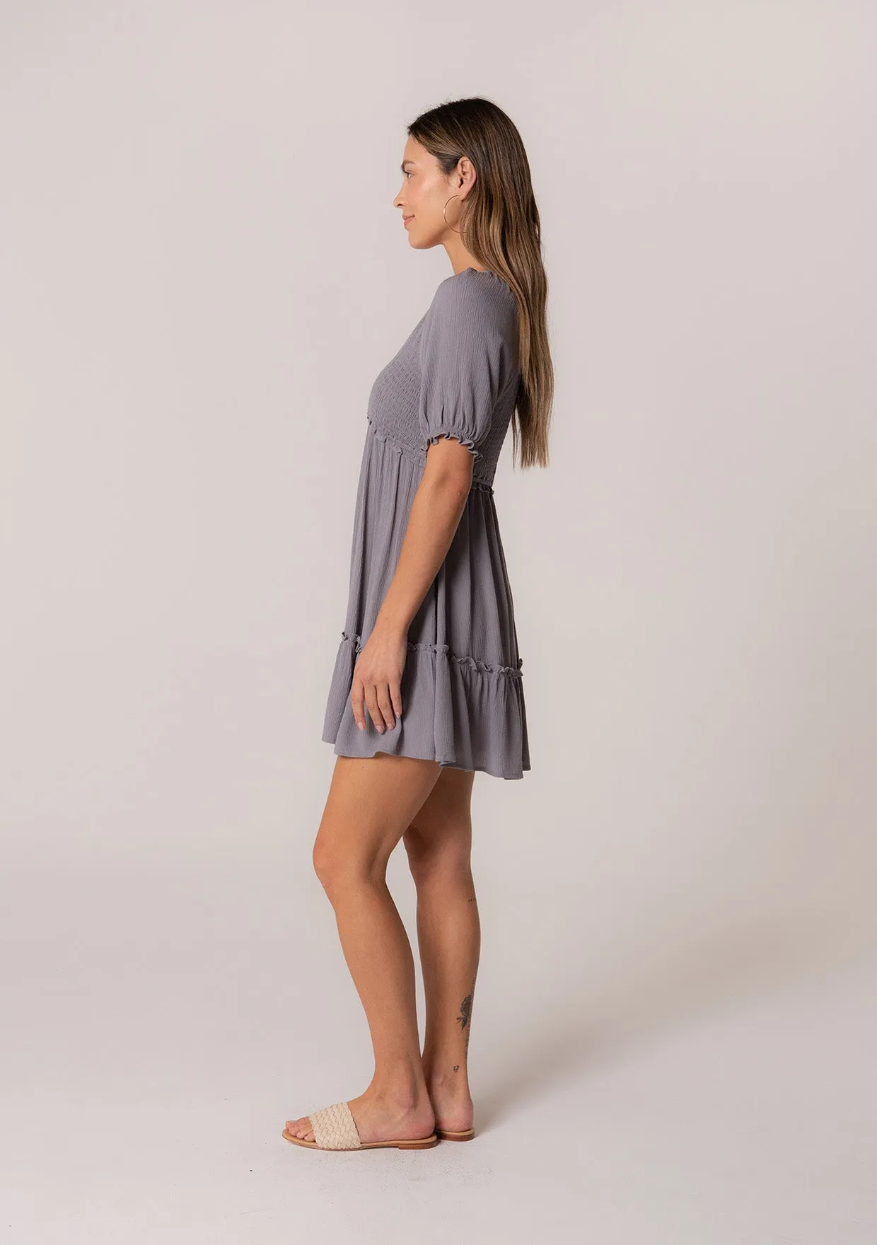 Ruffled Smocked Puff Sleeve V Neck Tunic