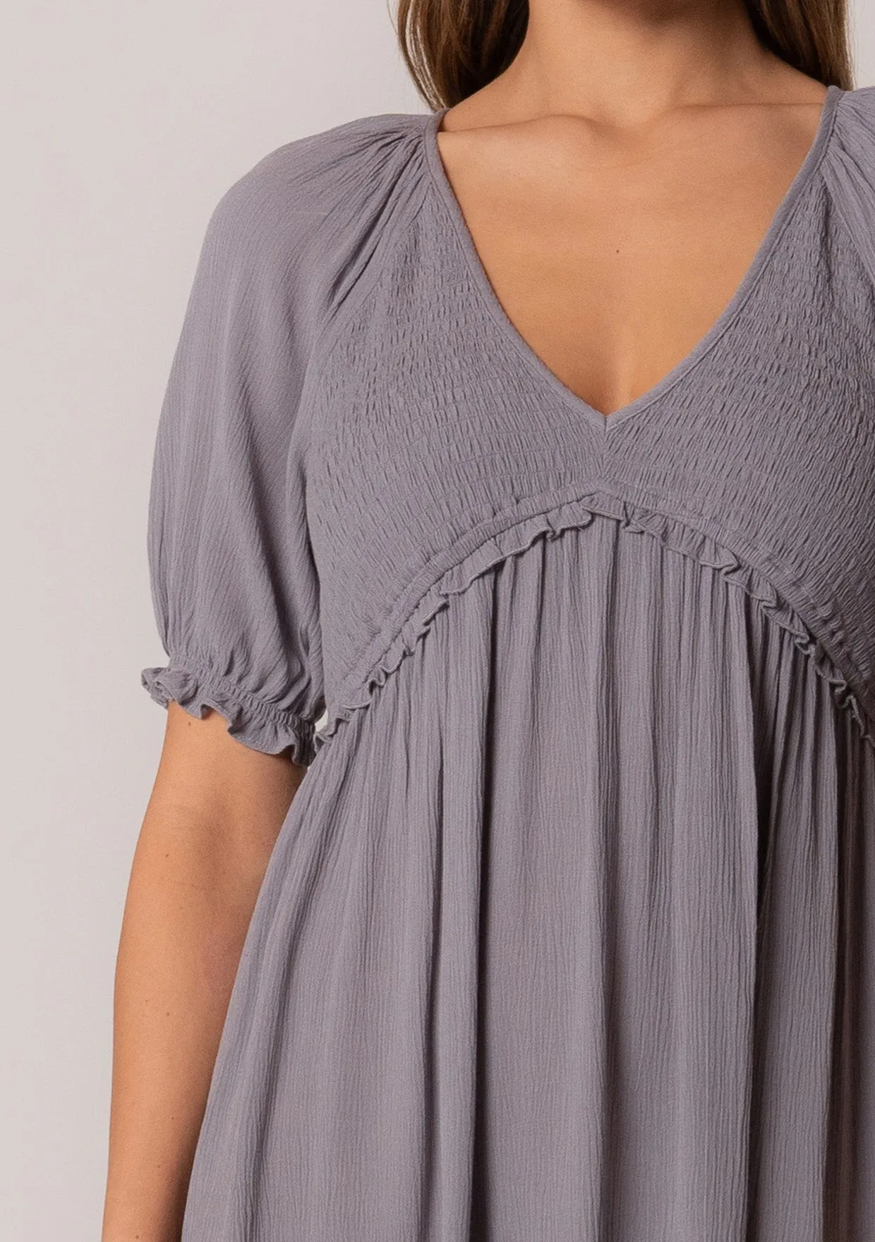 Ruffled Smocked Puff Sleeve V Neck Tunic