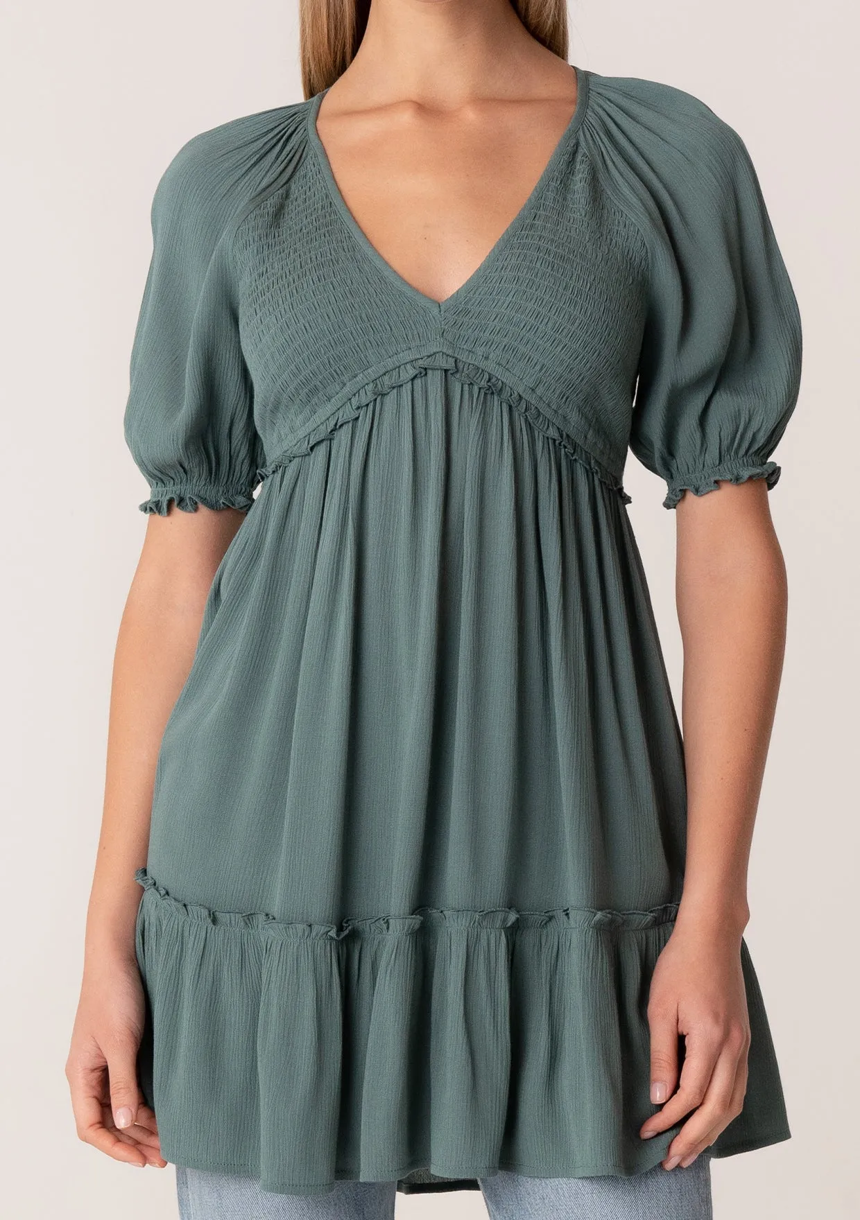 Ruffled Smocked Puff Sleeve V Neck Tunic