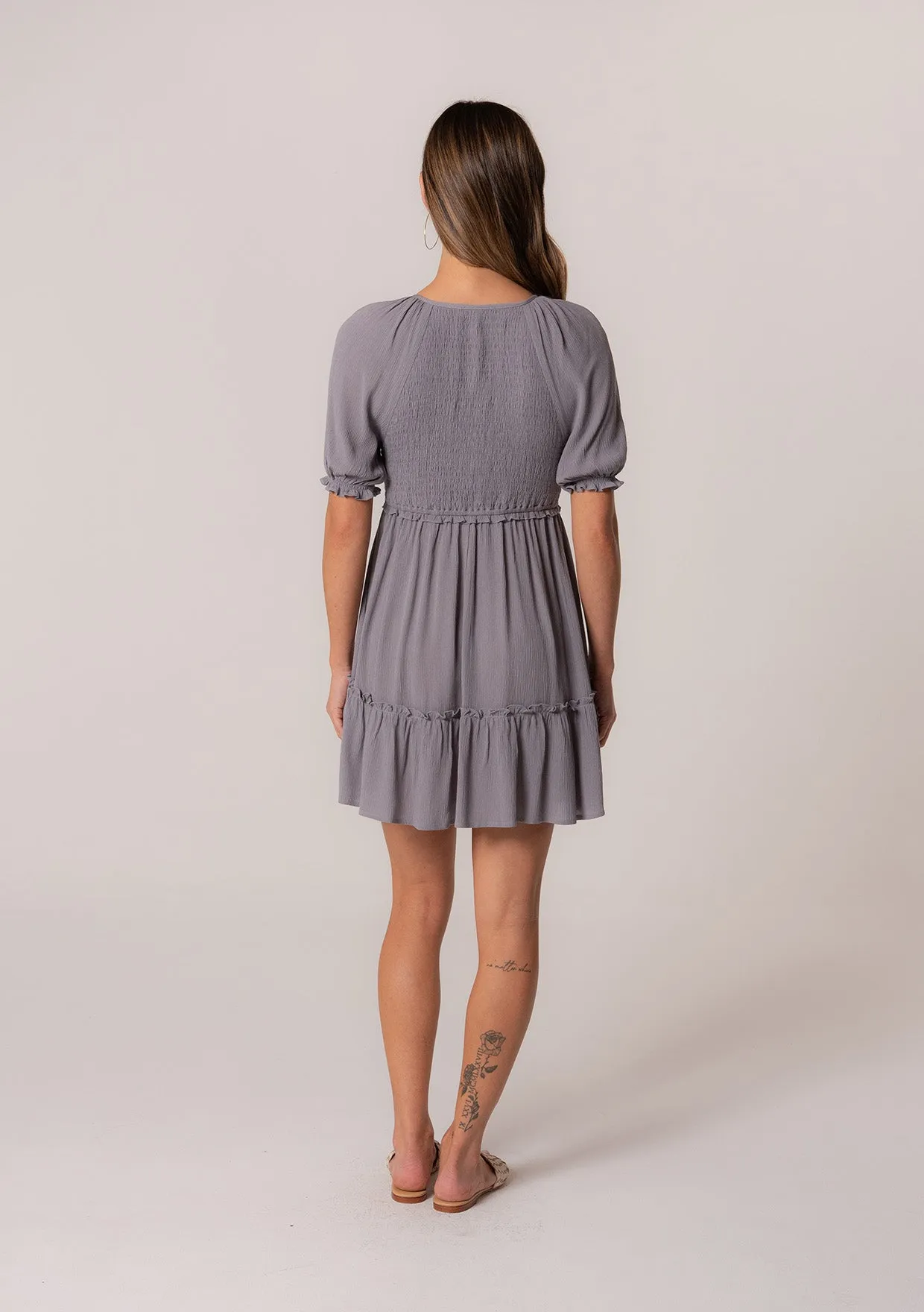 Ruffled Smocked Puff Sleeve V Neck Tunic