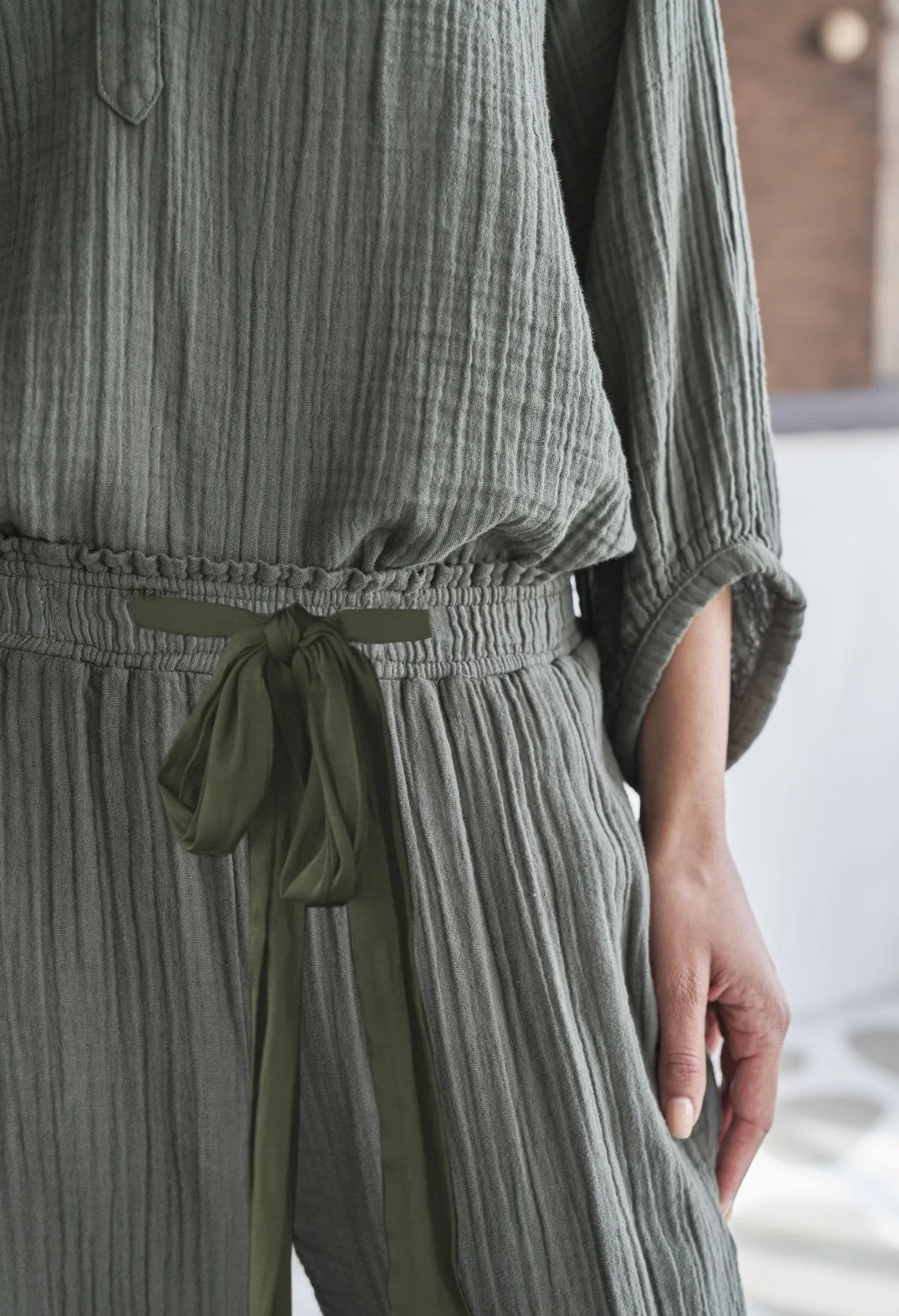 Sage Gauze Palazzo Pant with Satin Tie Belt