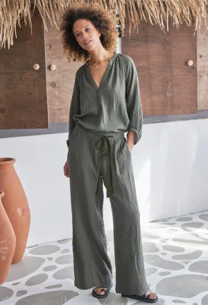 Sage Gauze Palazzo Pant with Satin Tie Belt
