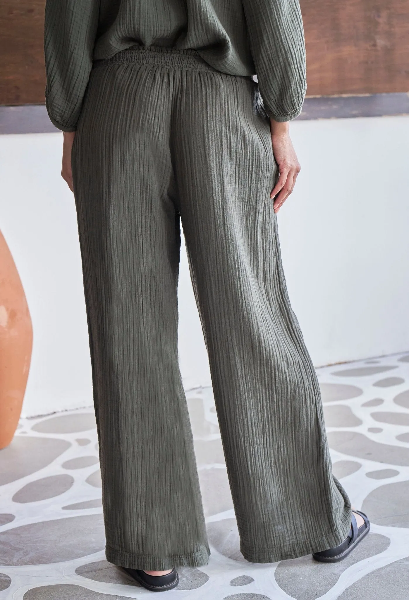 Sage Gauze Palazzo Pant with Satin Tie Belt