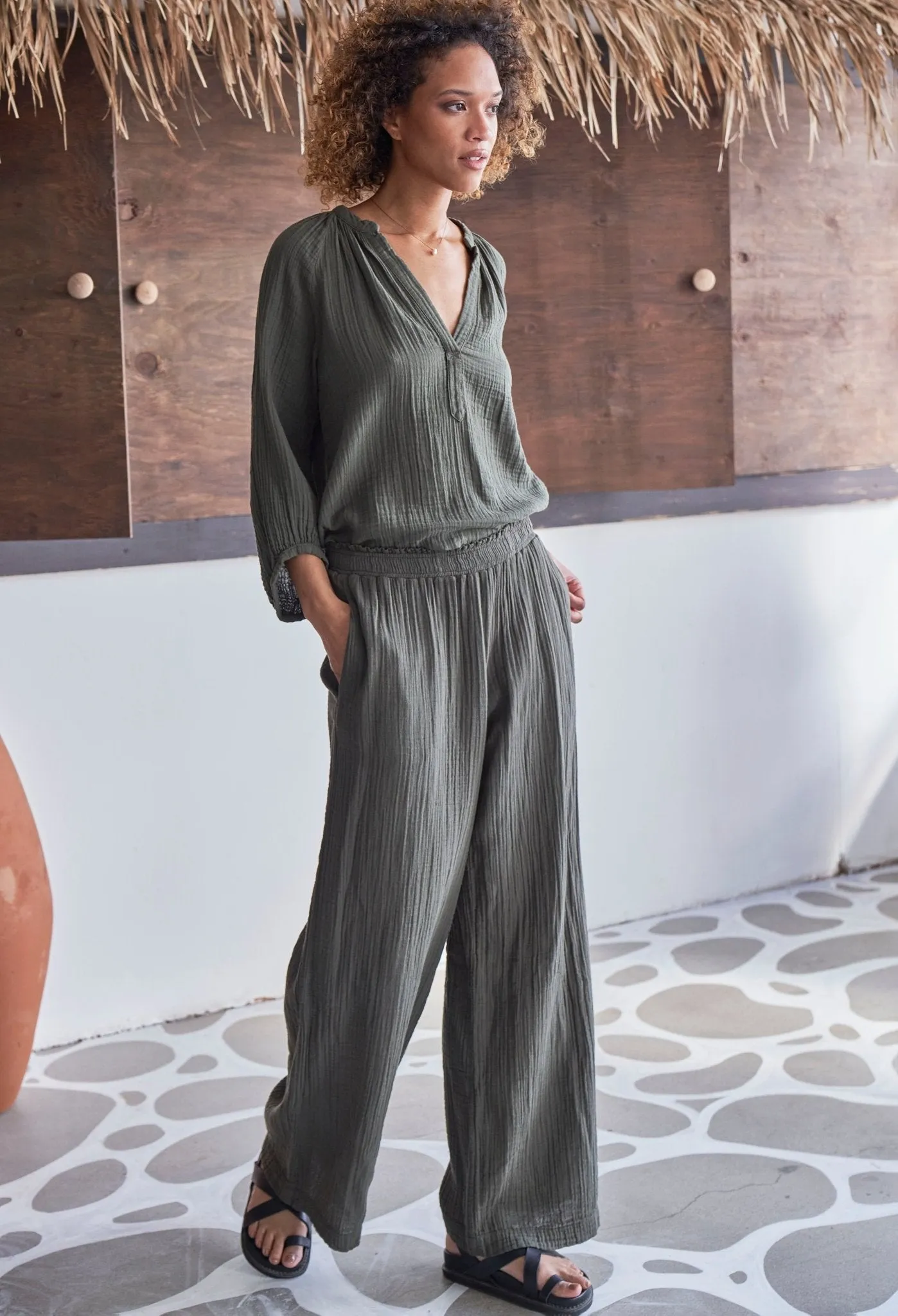 Sage Gauze Palazzo Pant with Satin Tie Belt