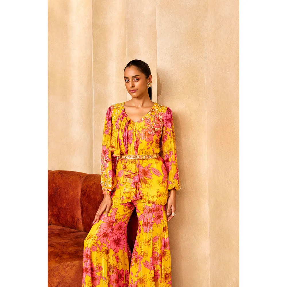 SANYA GULATI Yellow Floral Print Ruffle Tunic (Set of 2)