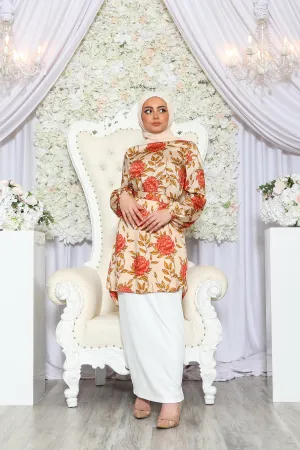 Satin Floral Belted Top- Burnt orange/Cream