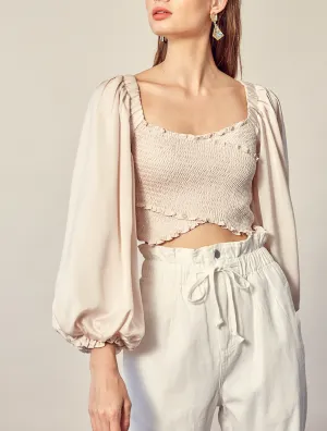 Satin Smock Balloon Sleeve Tie Back Crop Top