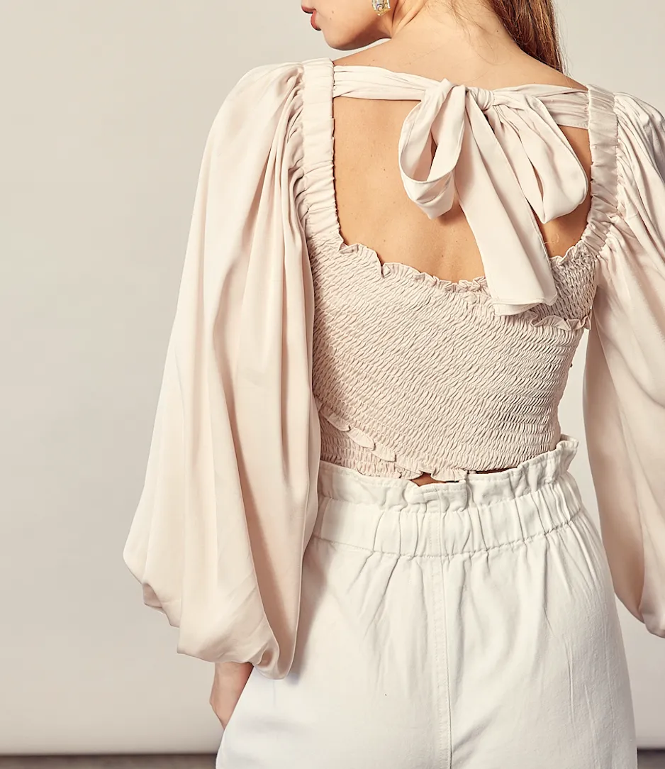 Satin Smock Balloon Sleeve Tie Back Crop Top