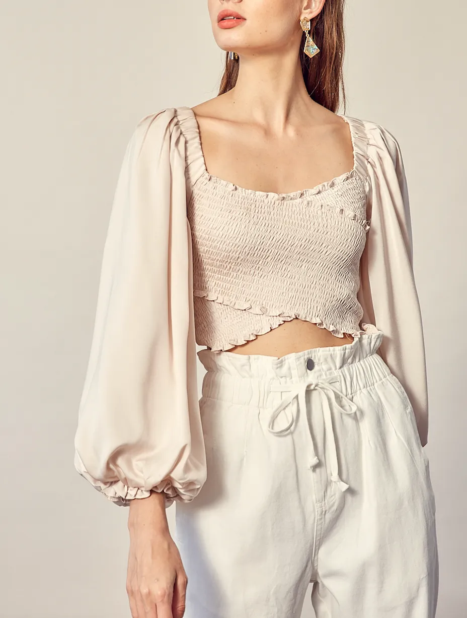 Satin Smock Balloon Sleeve Tie Back Crop Top