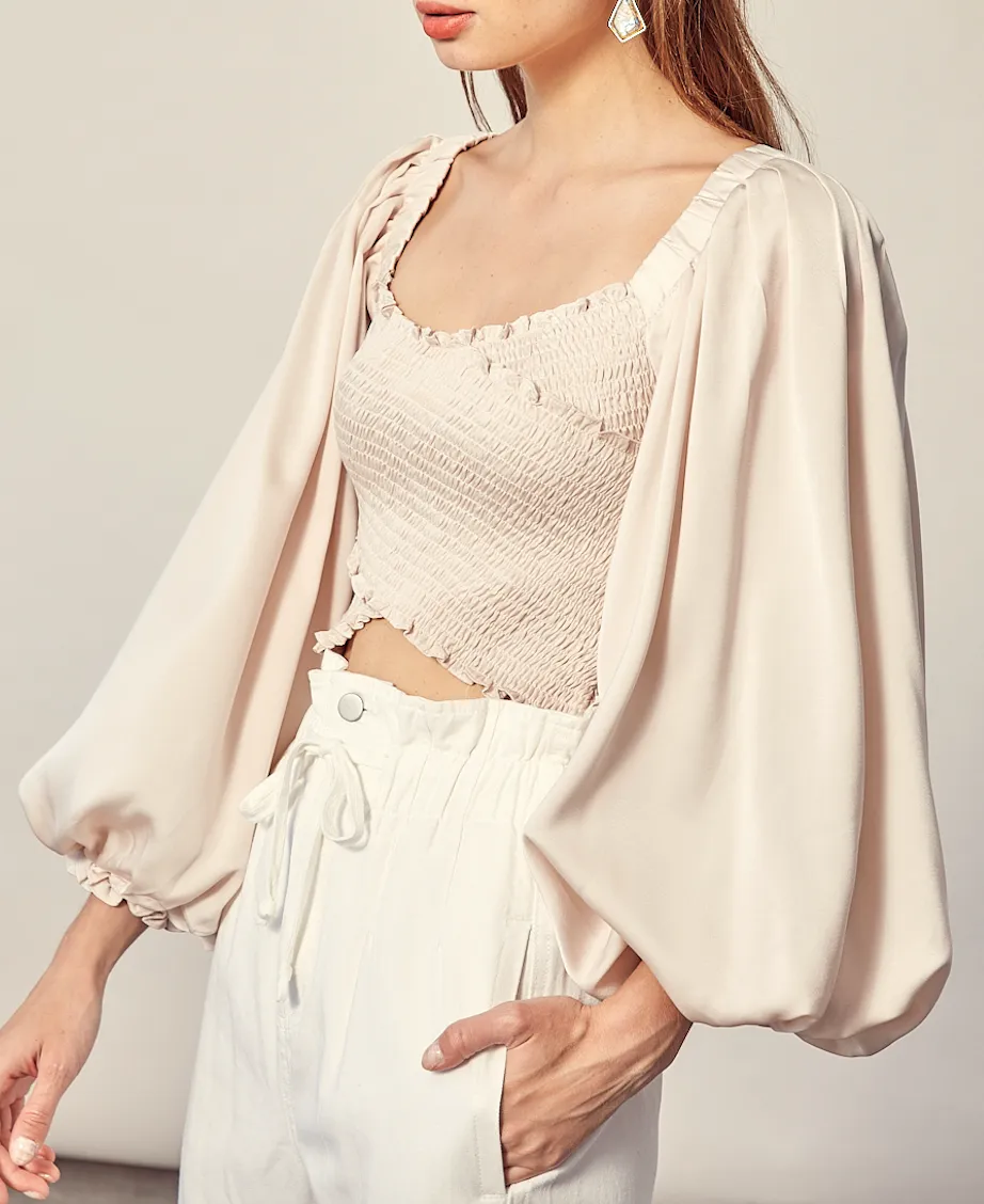Satin Smock Balloon Sleeve Tie Back Crop Top