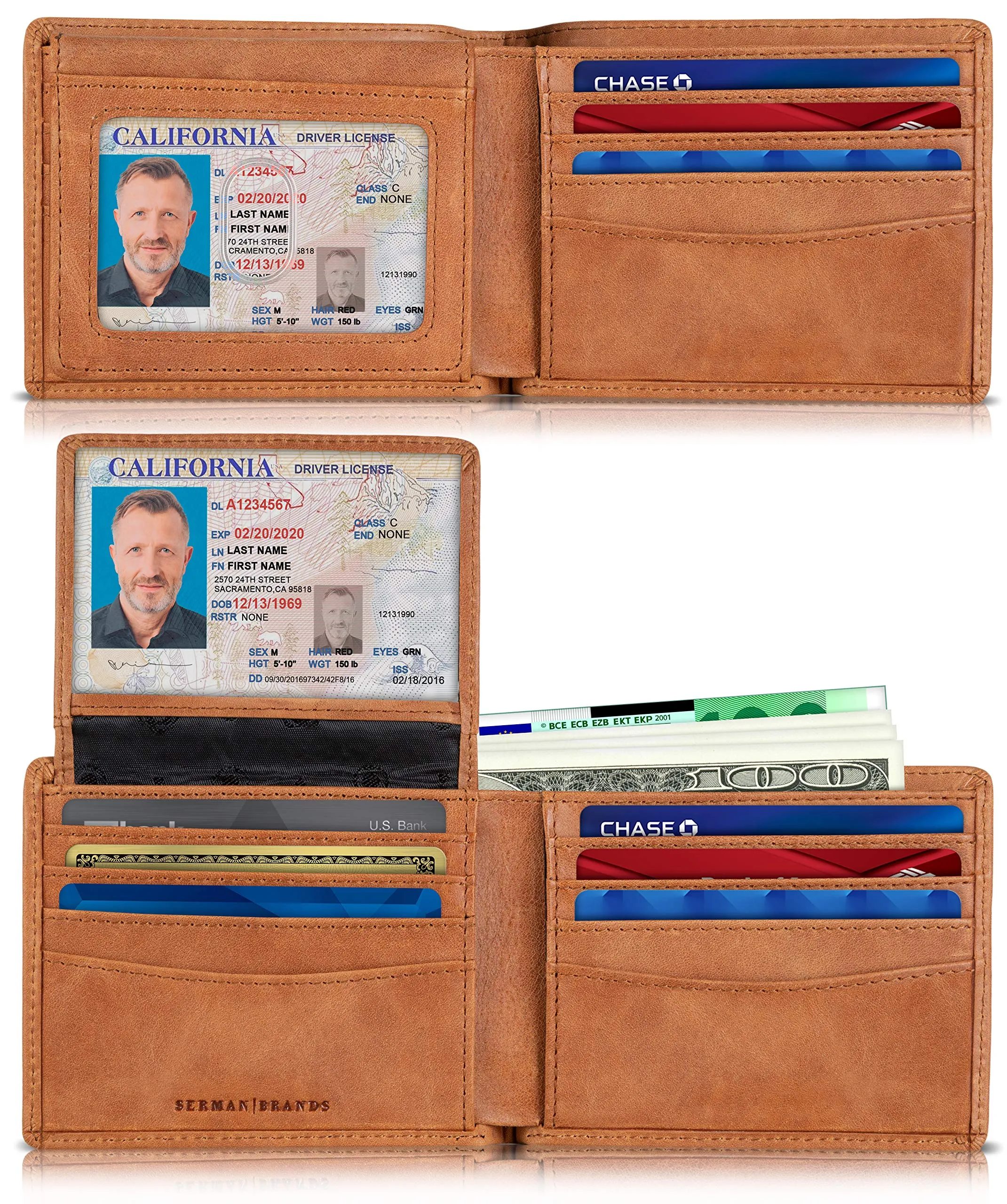 SERMAN BRANDS 2 ID Window Wallet for Men RFID Blocking Leather, Bifold Top Flip, Extra Capacity Travel Wallet (California Desert Executive)