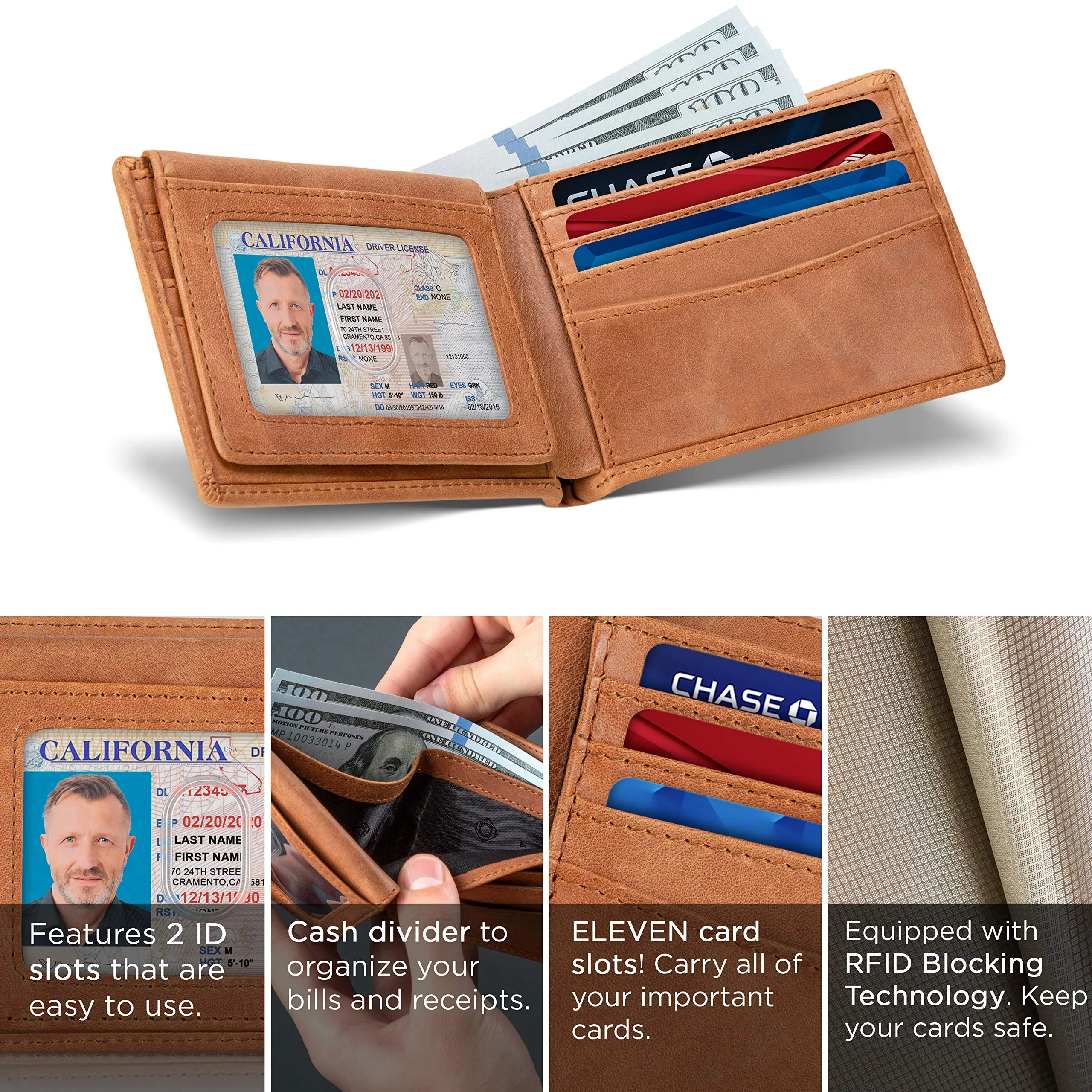 SERMAN BRANDS 2 ID Window Wallet for Men RFID Blocking Leather, Bifold Top Flip, Extra Capacity Travel Wallet (California Desert Executive)