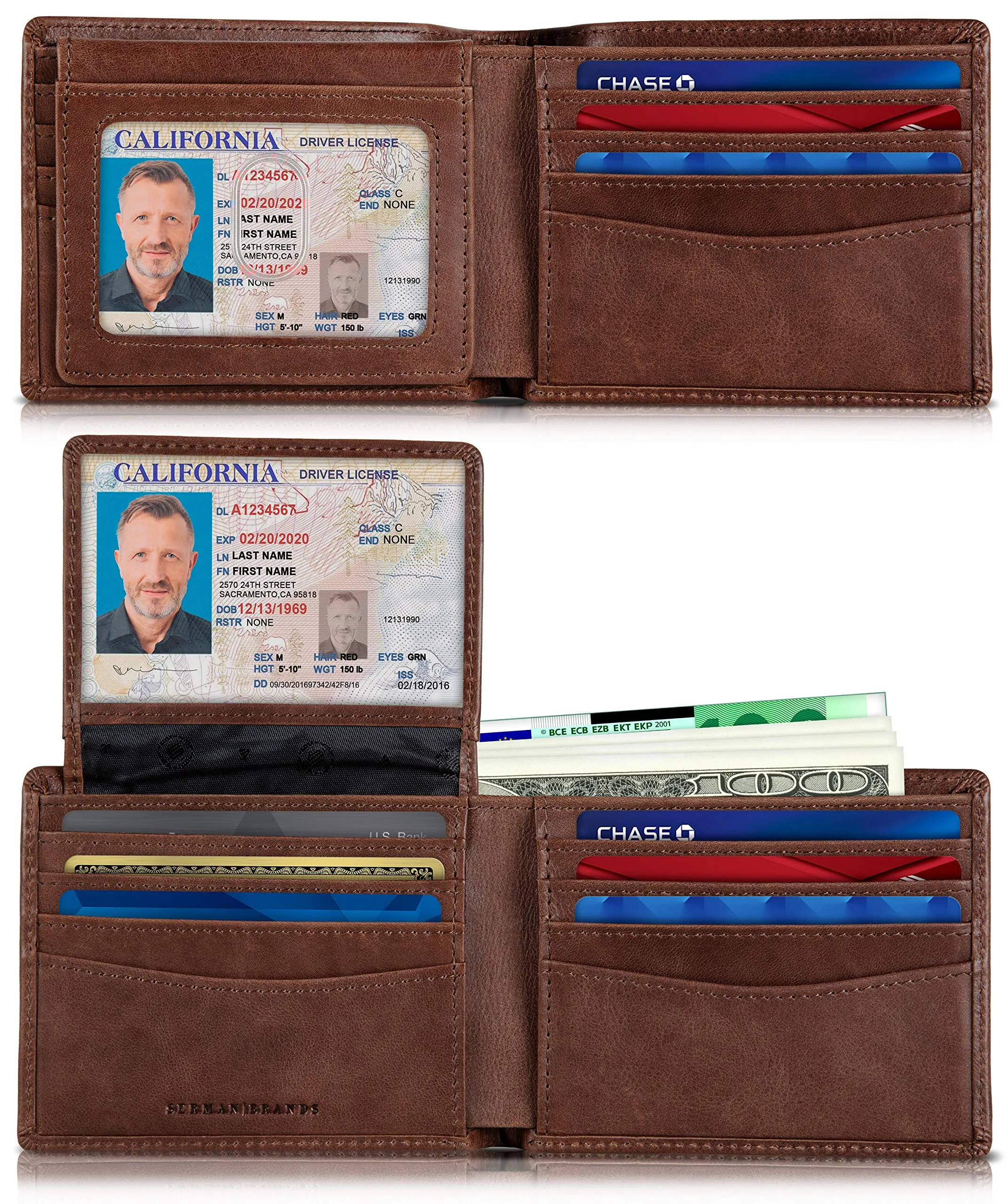 SERMAN BRANDS 2 ID Window Wallet for Men RFID Blocking Leather, Bifold Top Flip, Extra Capacity Travel Wallet (Morning Roast Executive)