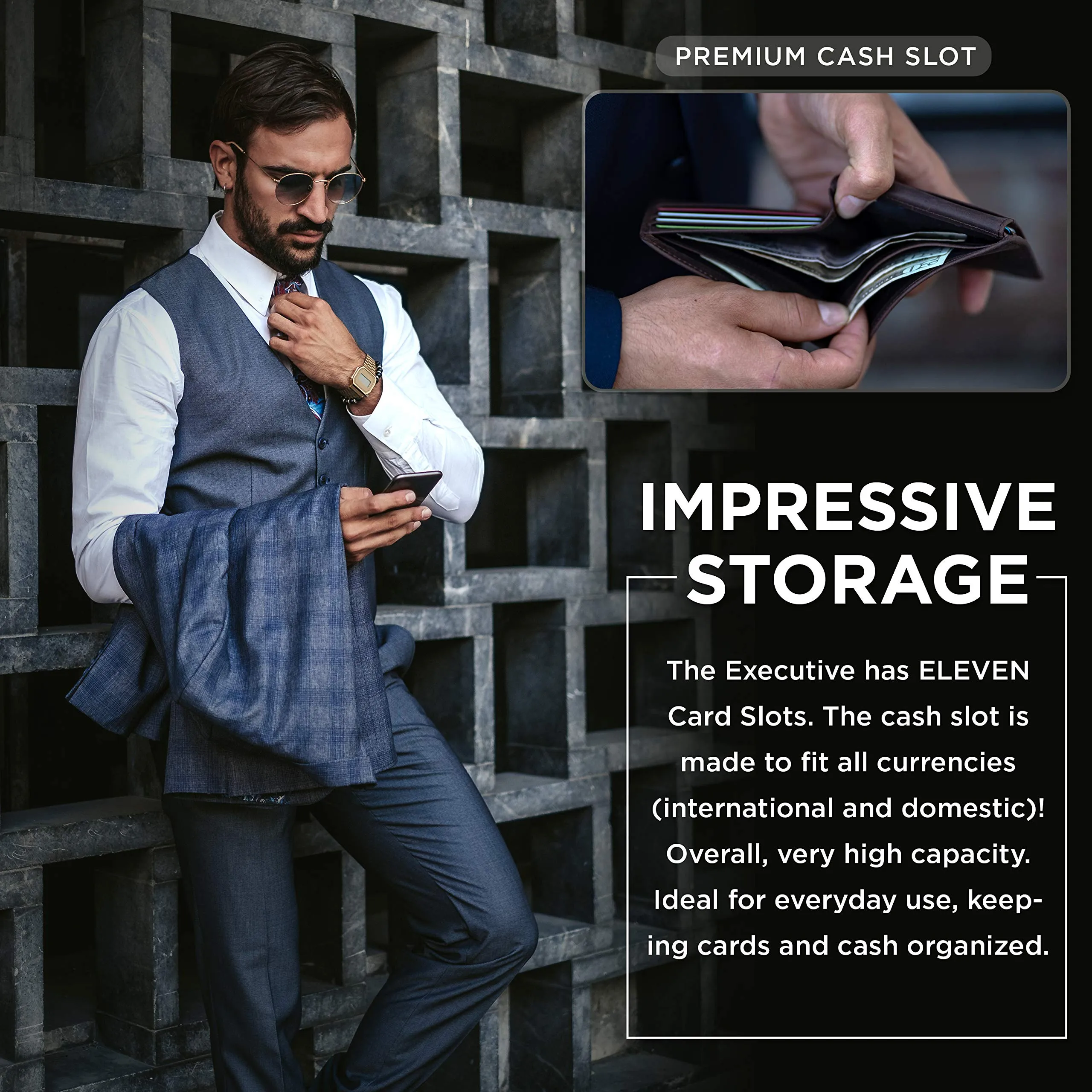 SERMAN BRANDS 2 ID Window Wallet for Men RFID Blocking Leather, Bifold Top Flip, Extra Capacity Travel Wallet (Morning Roast Executive)