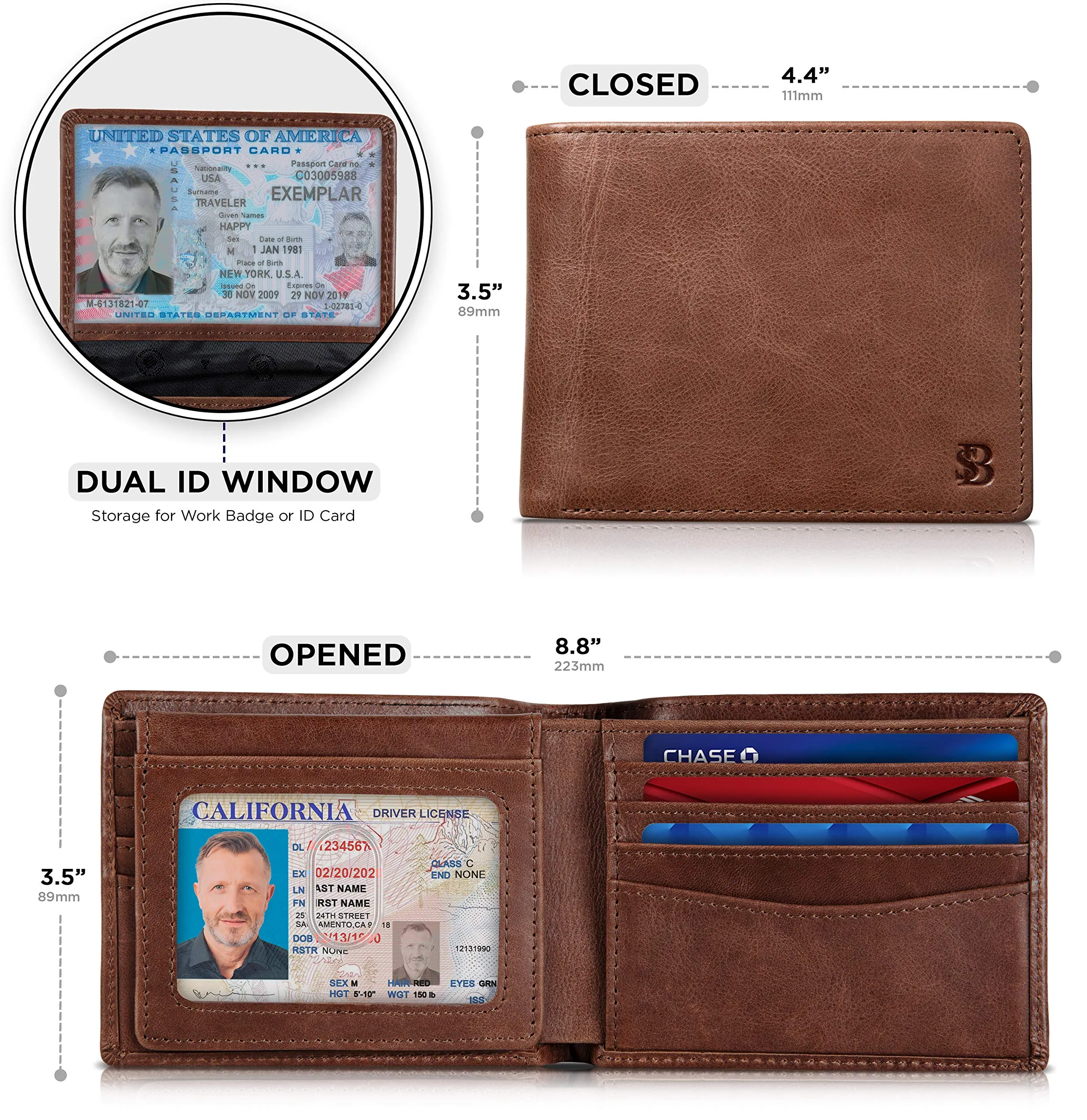 SERMAN BRANDS 2 ID Window Wallet for Men RFID Blocking Leather, Bifold Top Flip, Extra Capacity Travel Wallet (Morning Roast Executive)