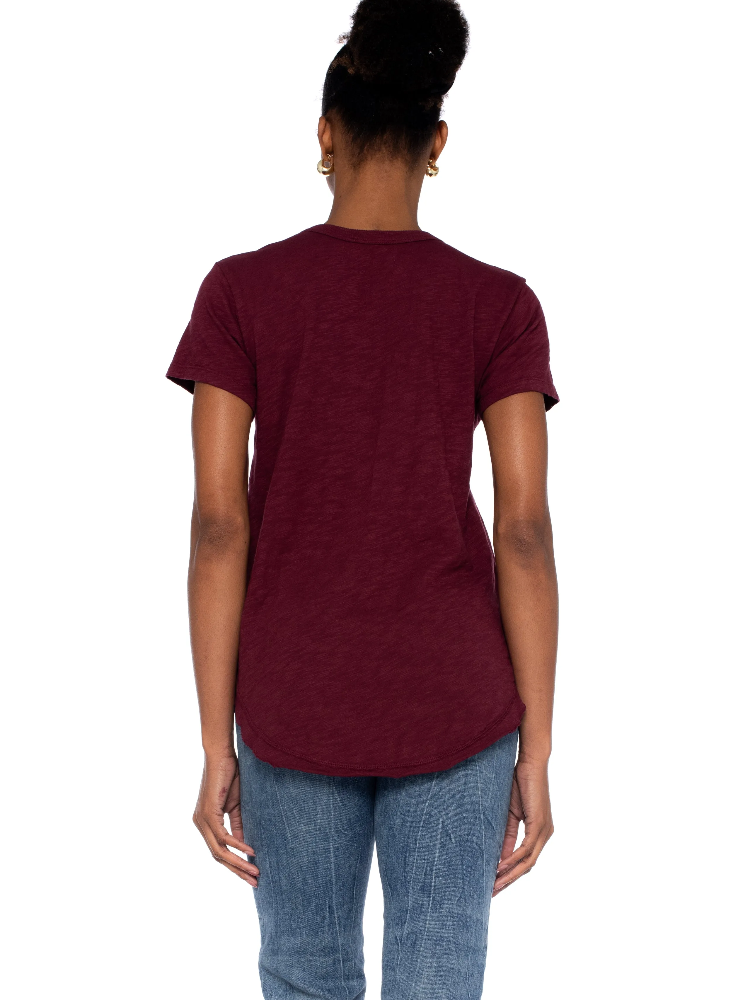 Short Sleeve Shrunken V-Neck Shirttail Top w/Raw Hem