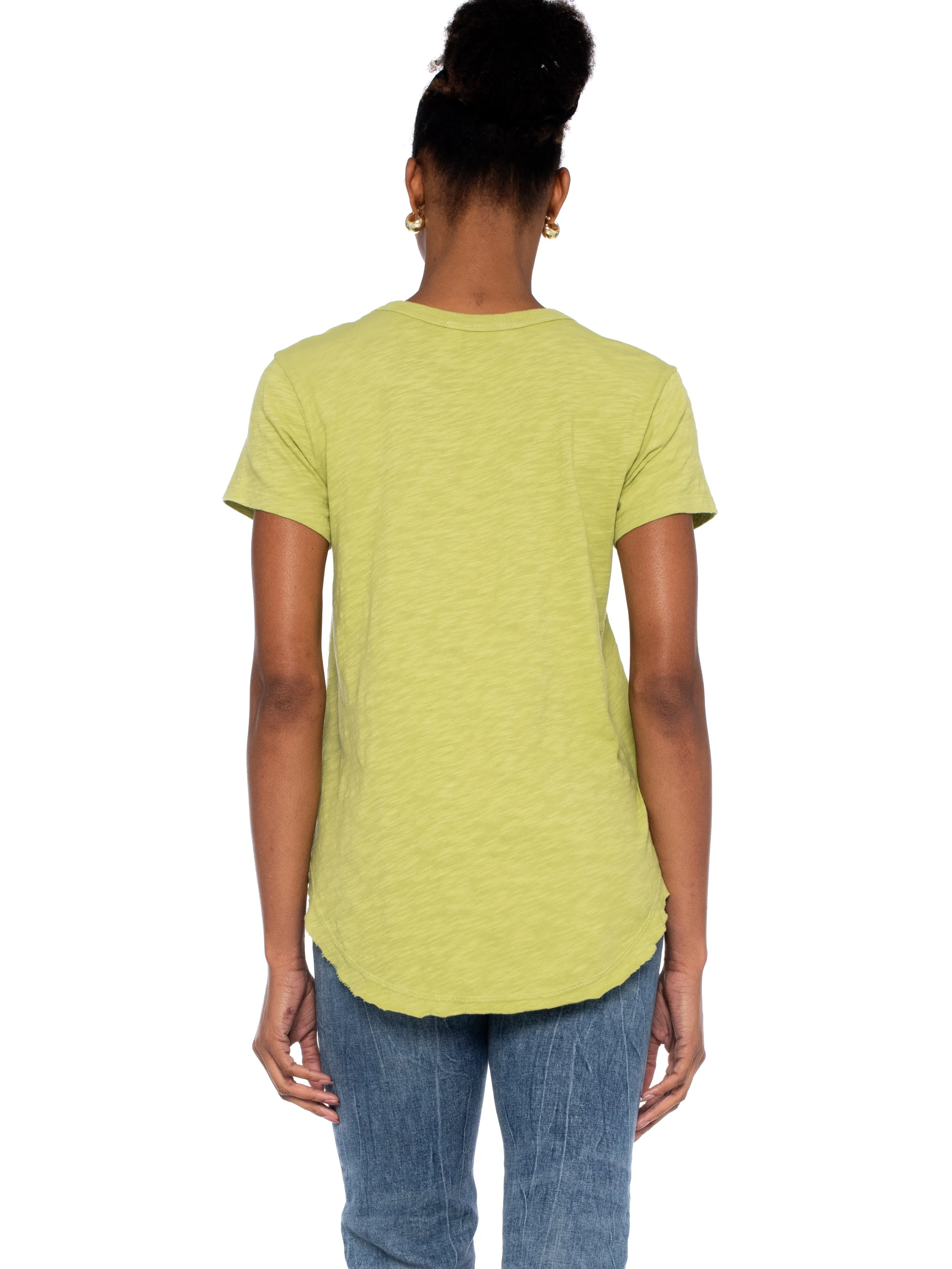 Short Sleeve Shrunken V-Neck Shirttail Top w/Raw Hem