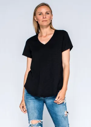 Short Sleeve Shrunken V-Neck Shirttail Top w/Raw Hem