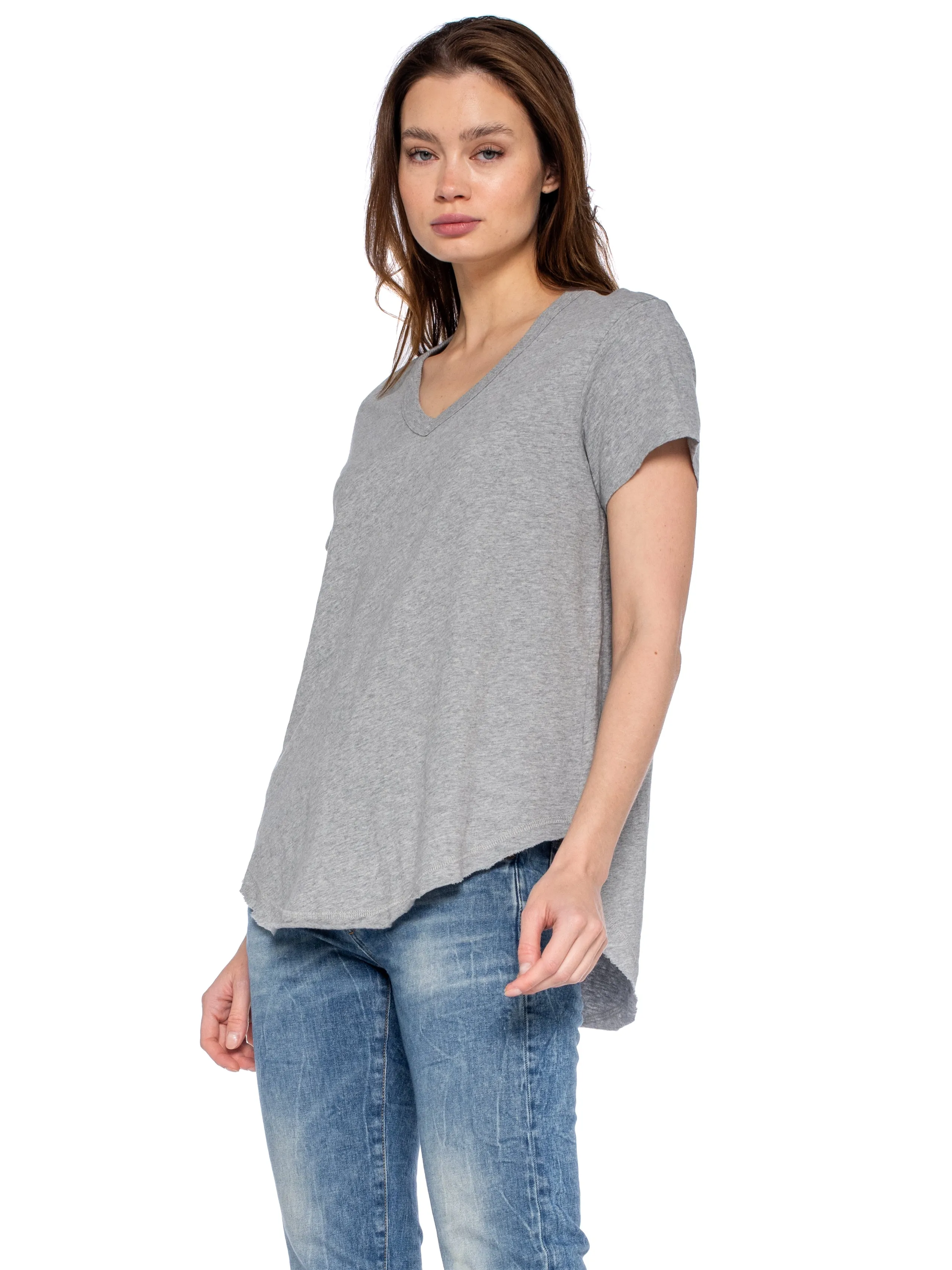 Short Sleeve Shrunken V-Neck Shirttail Top w/Raw Hem