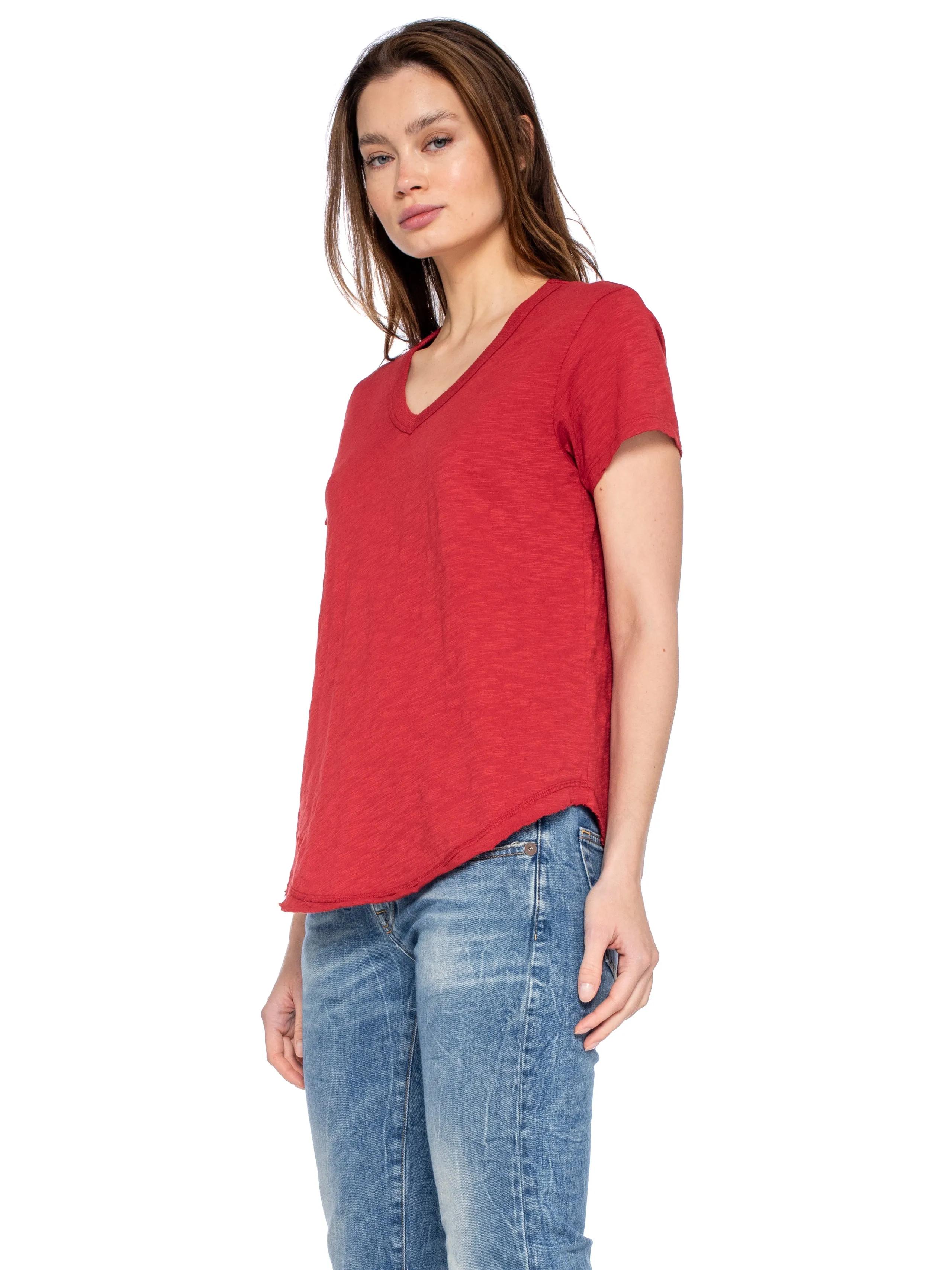 Short Sleeve Shrunken V-Neck Shirttail Top w/Raw Hem