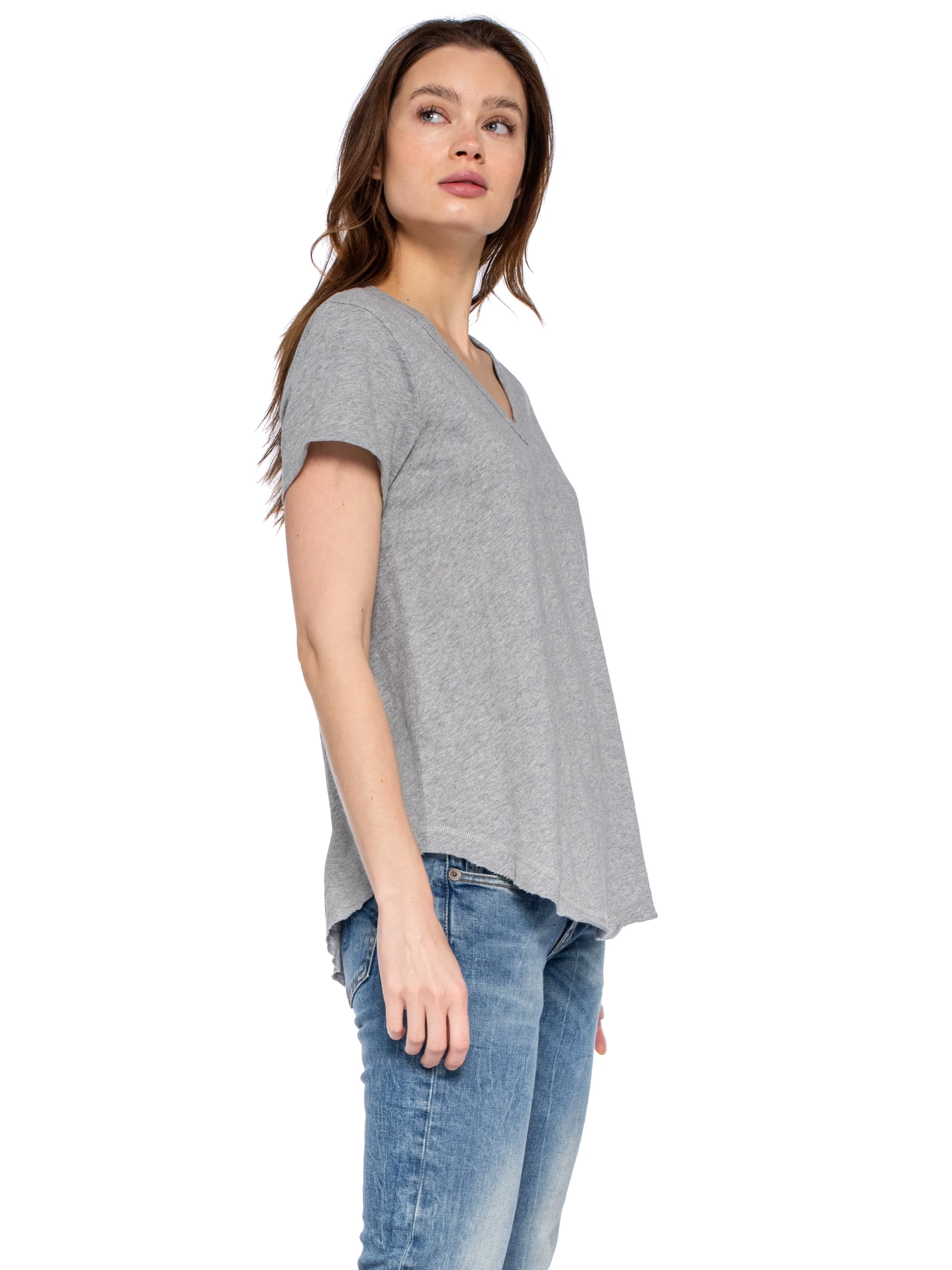 Short Sleeve Shrunken V-Neck Shirttail Top w/Raw Hem
